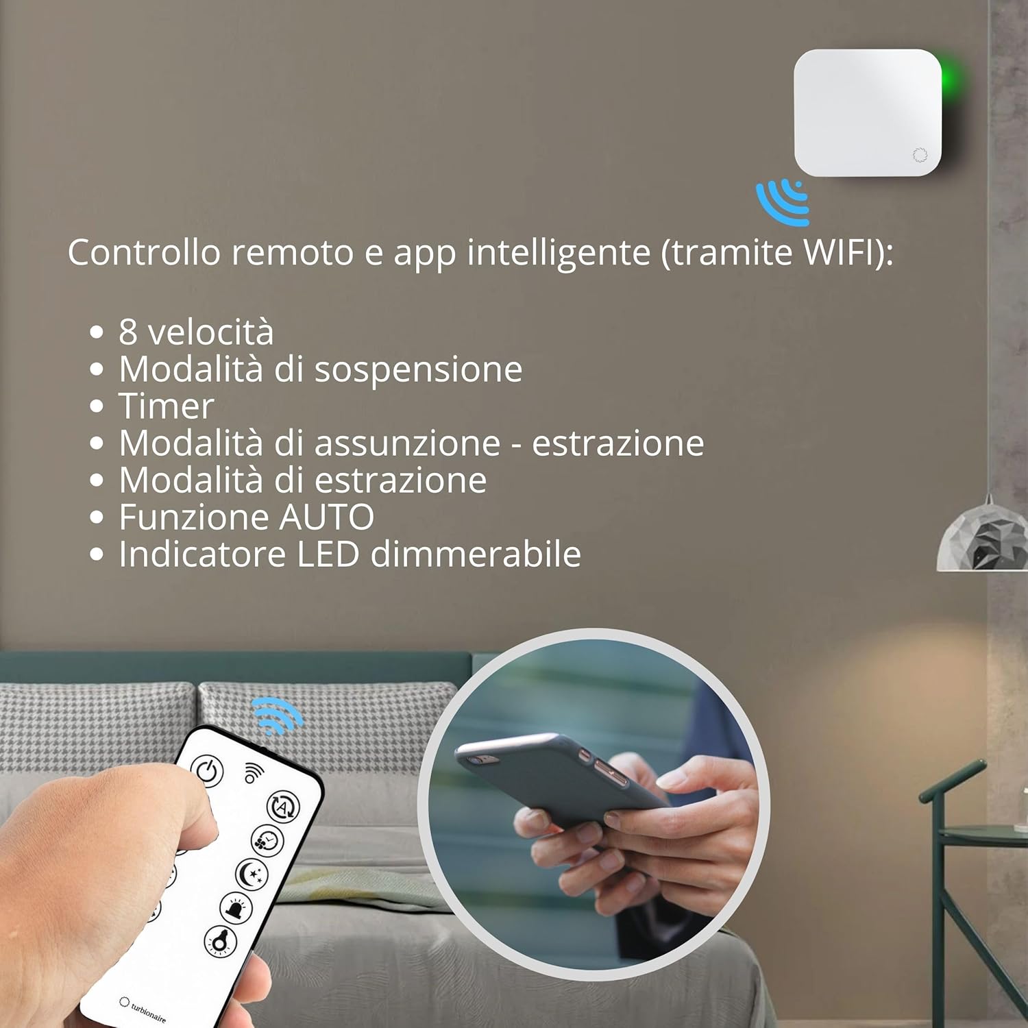 Turbionaire Trend HRV 150WMW Unita di VMC Decentralizzata a flusso alternato, WiFi, con Recupero di calore, Sensore Umidità, Telecomando, 8 Velocità, Ø160 mm, Timer, Funzione AUTO, Garanzia di 3 anni