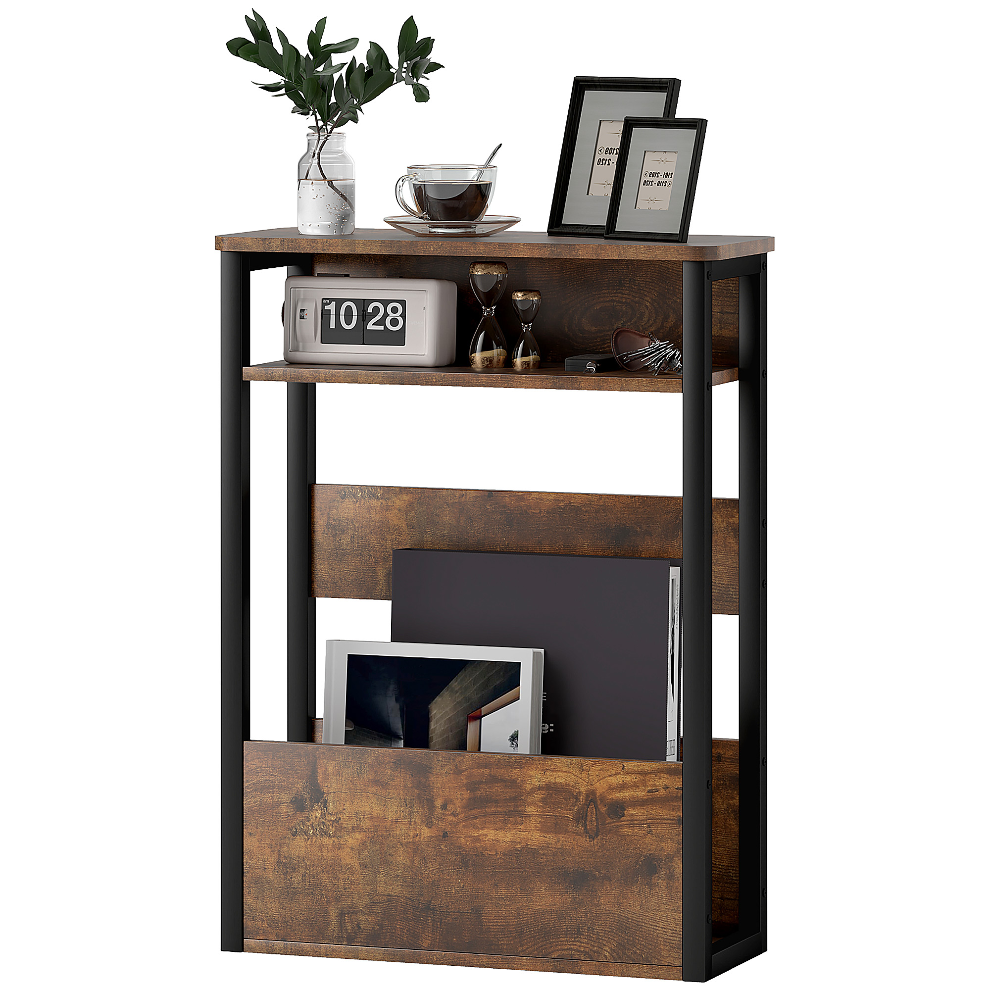 HOMCOM Beistelltisch Nachttisch mit zweistufigem Regal abgerundete Ecken 46 B x 18 T x 58,5 H cm rustikales Braun