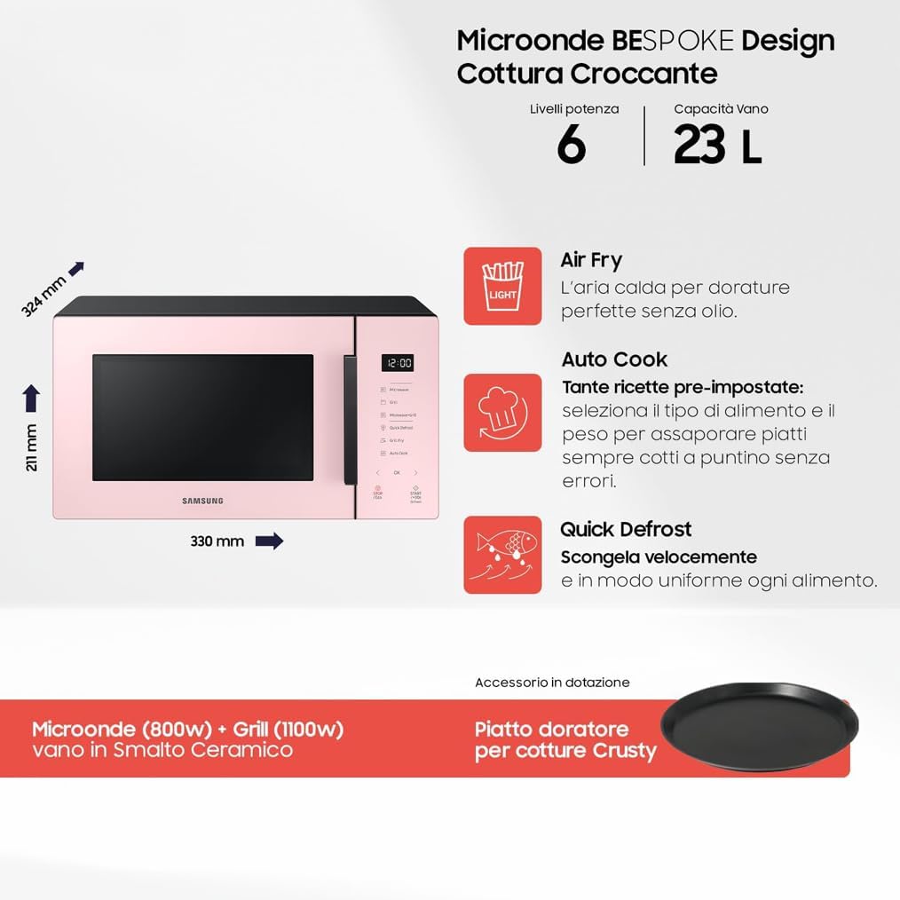 Samsung Da tavolo Forno a Microonde Glass Design MG23T5018CP/ET, Cottura Croccante, AirFry, Microonde + Grill 800 W + 1100 W, 23 L, 49l x 27,5h x 38p cm, Cipria
