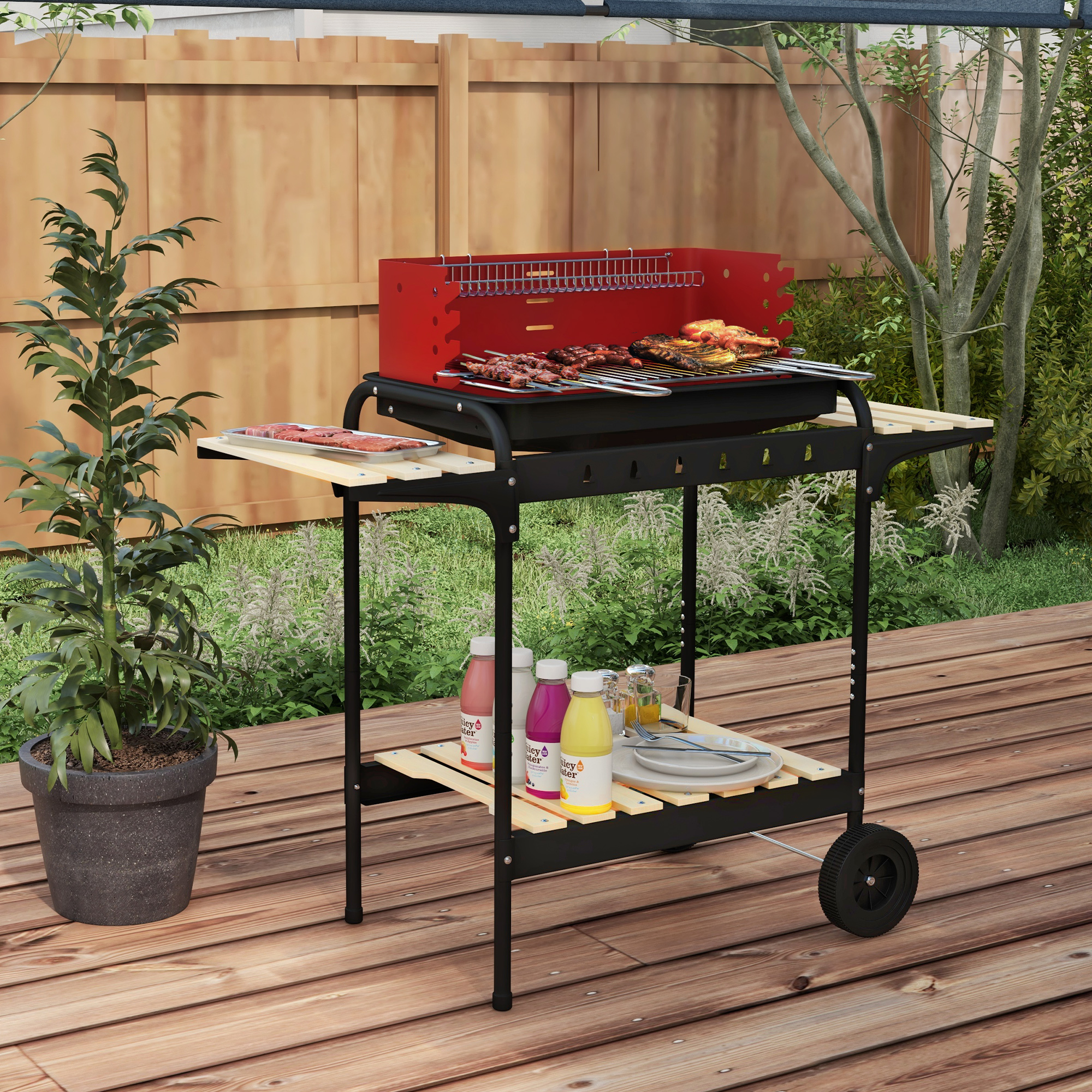 Outsunny Holzkohlegrill aus Metall BBQ Smoker mit Räder, höheverstellbar Grillrost, Holzablage 103x47x95 cm Rot