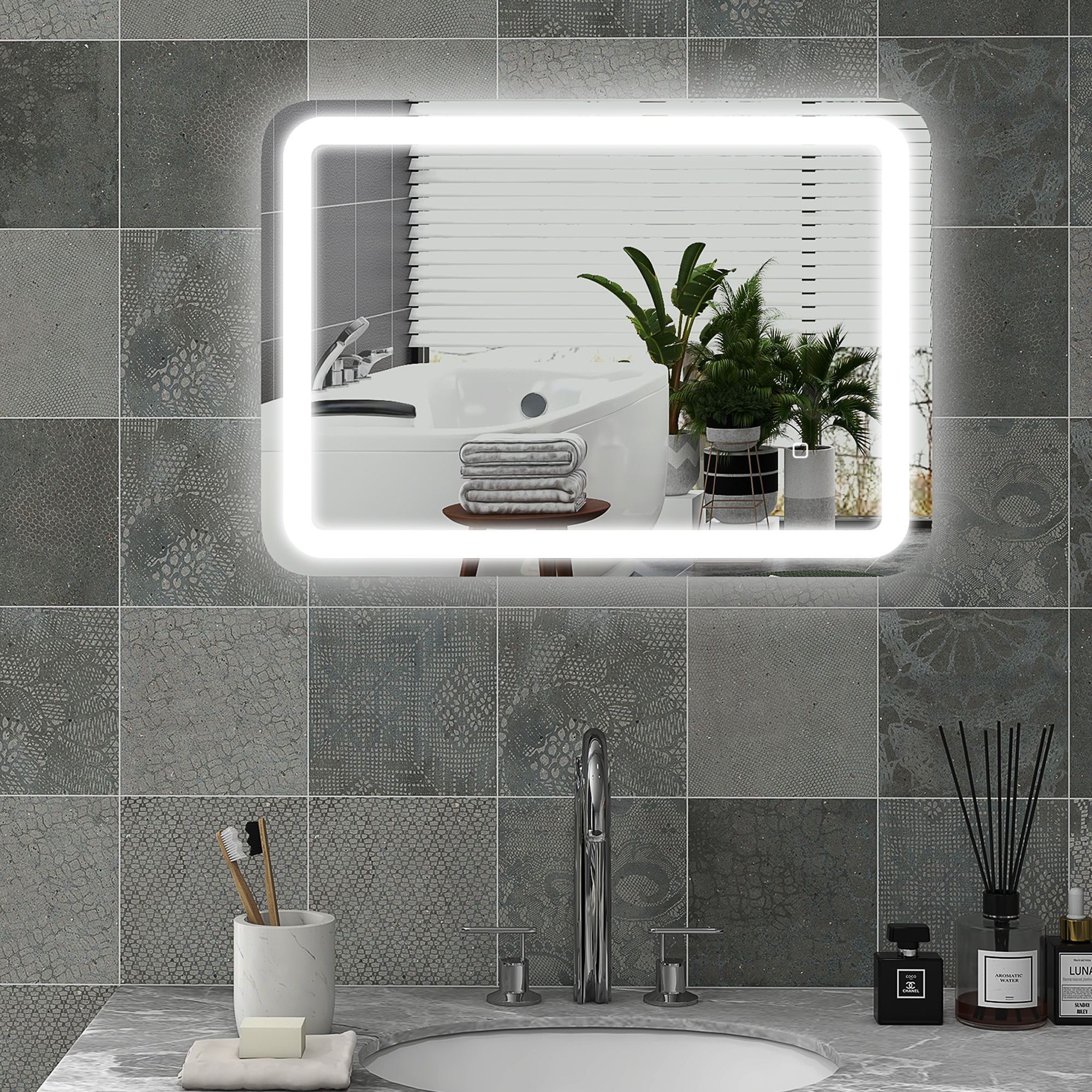 HOMCOM Badezimmerspiegel, beleuchtet, Touch-Steuerung, beschlagfrei, dimmbar, 3 Lichtfarben, 50x70, Silber