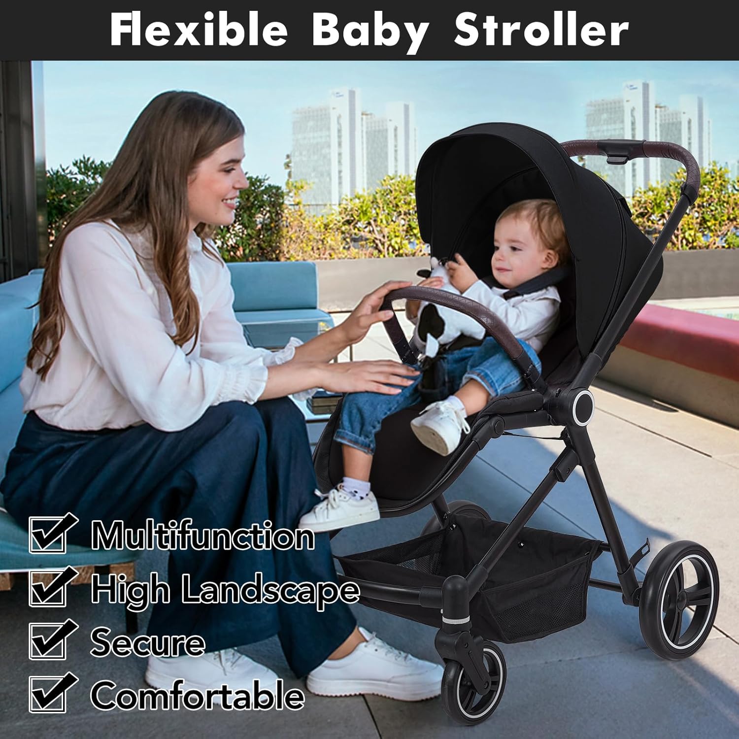 3 in 1 Kinderwagen Set mit umkehrbarem Sport-Sitz, Babywanne & Buggy – Ein-Klick-Zusammenklappbar, Leicht & Tragbar mit Großem Regenschutz