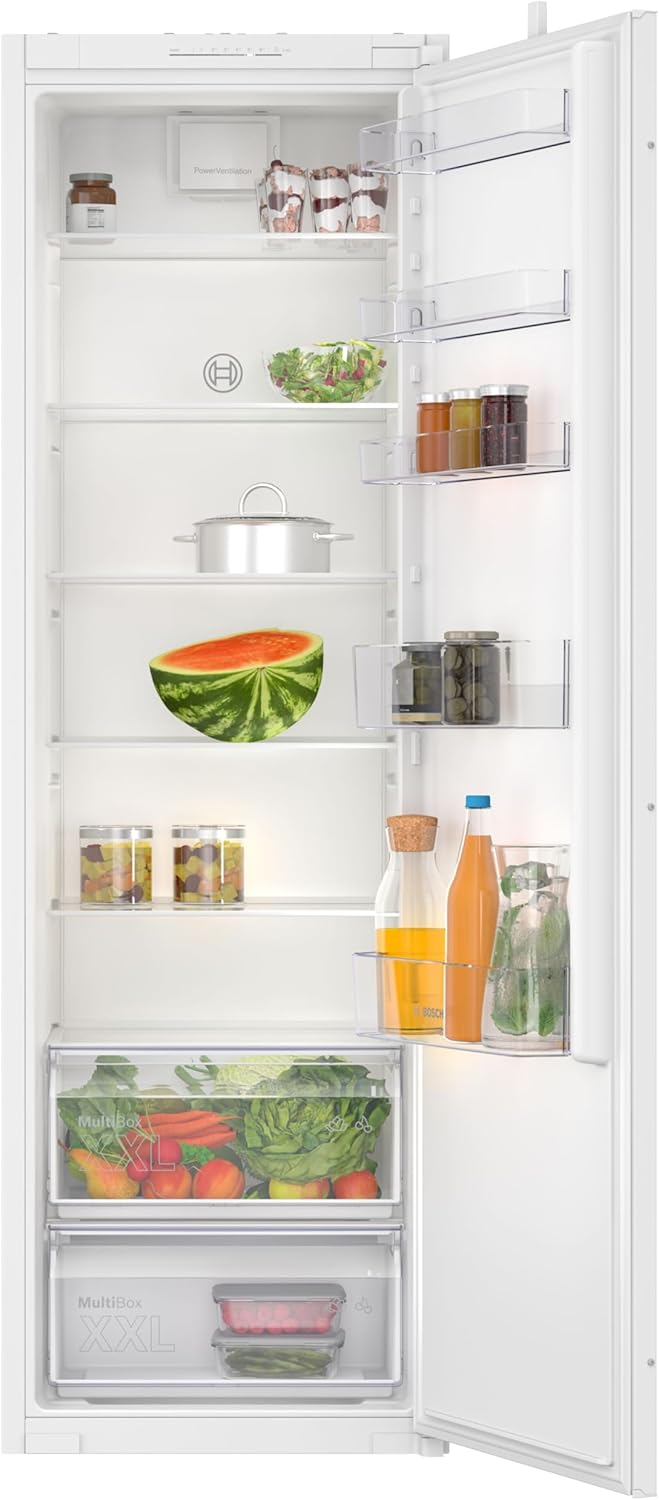 Bosch KIR81NSE0 Serie 2, Frigorifero monoporta da incasso, Luce LED, Tecnologia Inverter Intelligente, Funzione raffreddamento intensivo, Allarme ottico ed acustico, 177.5 x 56 cm, cerniera a traino