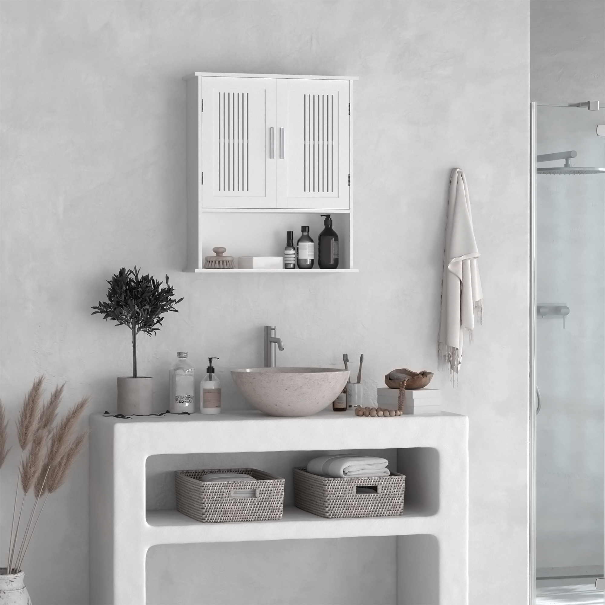kleankin Wandhängeschrank, Badezimmerschrank mit verstellbarem Regal, Doppeltür und offenes Regal, 60 x 20 x 70 cm, Weiß