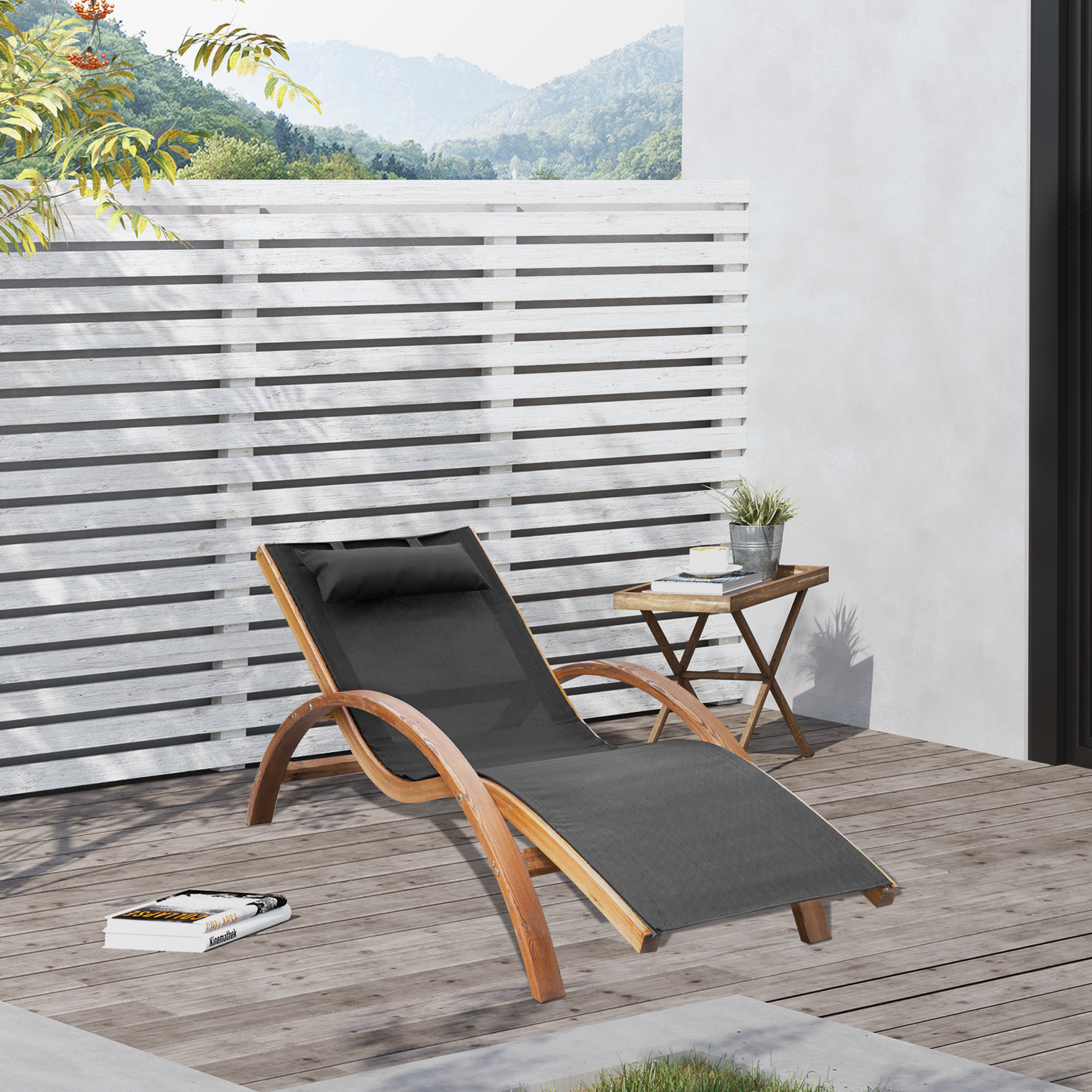 Outsunny Liegestuhl Sonnenliege Gartenliege Lounge Relaxliege Relaxsessel mit Kopfkissen Holz Teak 161 x 72 x 68 cm