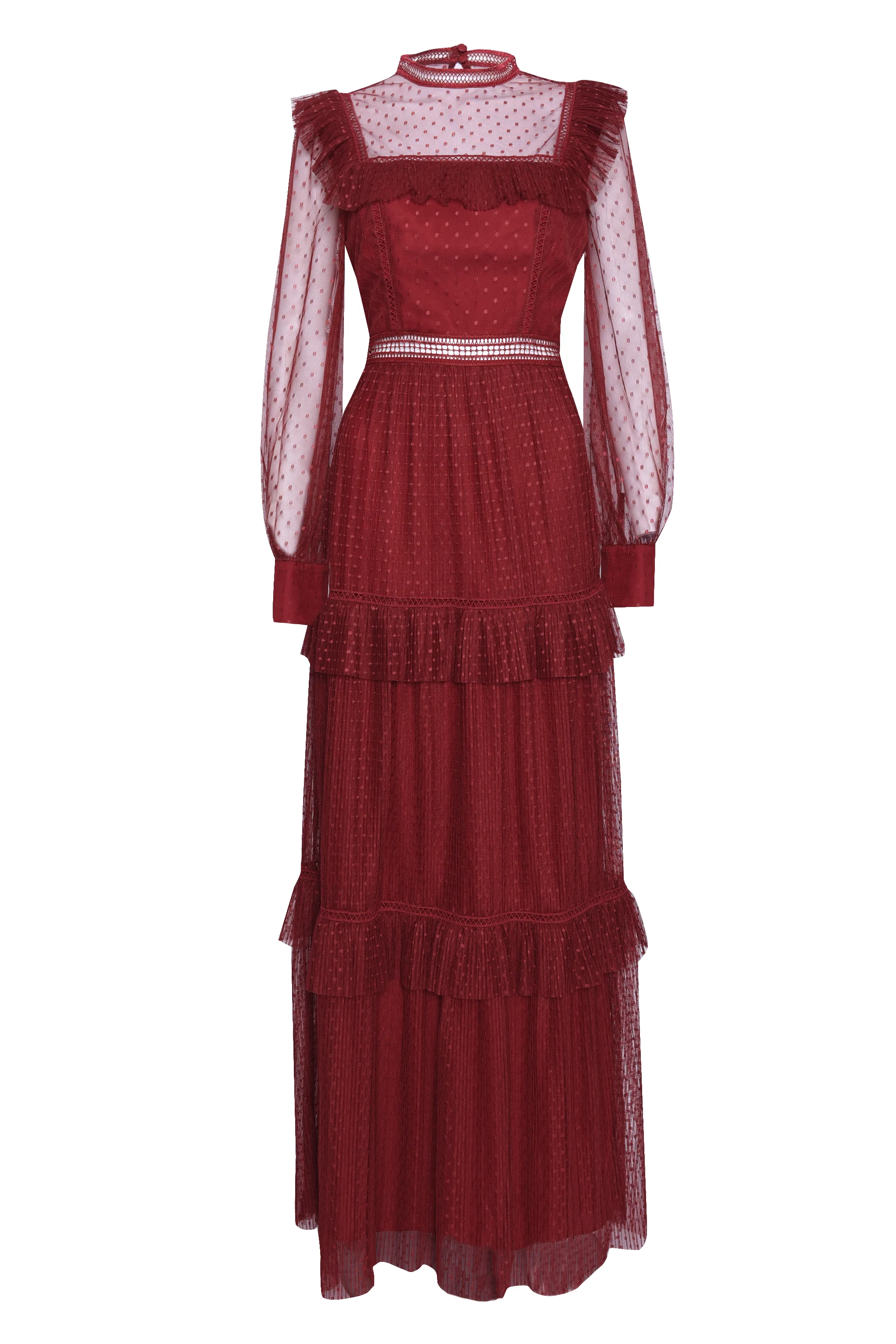 Burgundy Polka Dot Mesh High Neck Long Sleeve Layered Maxi Dress