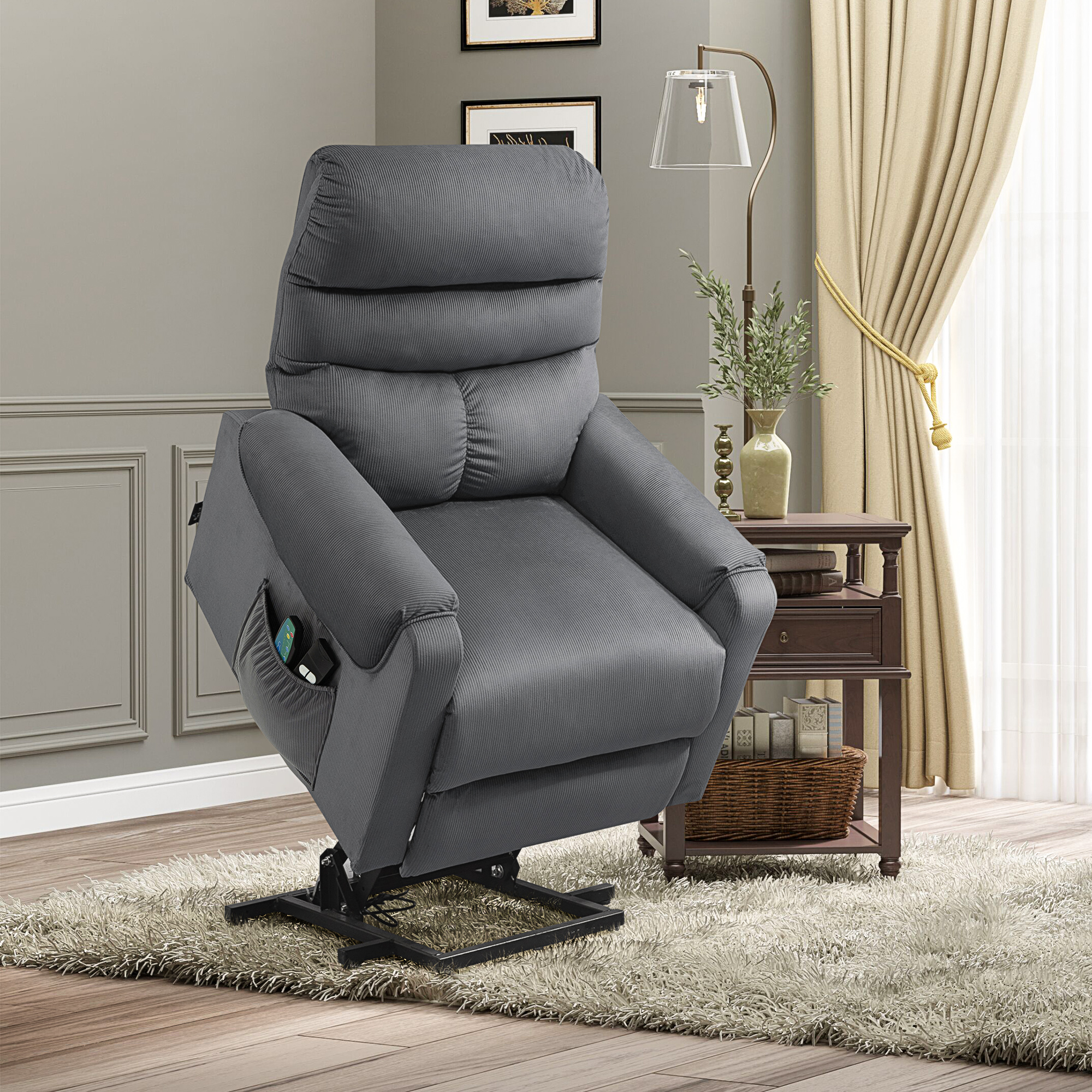 HOMCOM Fernsehsessel mit Aufstehhilfe Elektrisch, Massagesessel mit Liegefunktion und Wärmefunktion, Relaxsessel mit Fernbedienung und Seitentasche Verstellbar Polyester-Gewebe Dunkelgrau