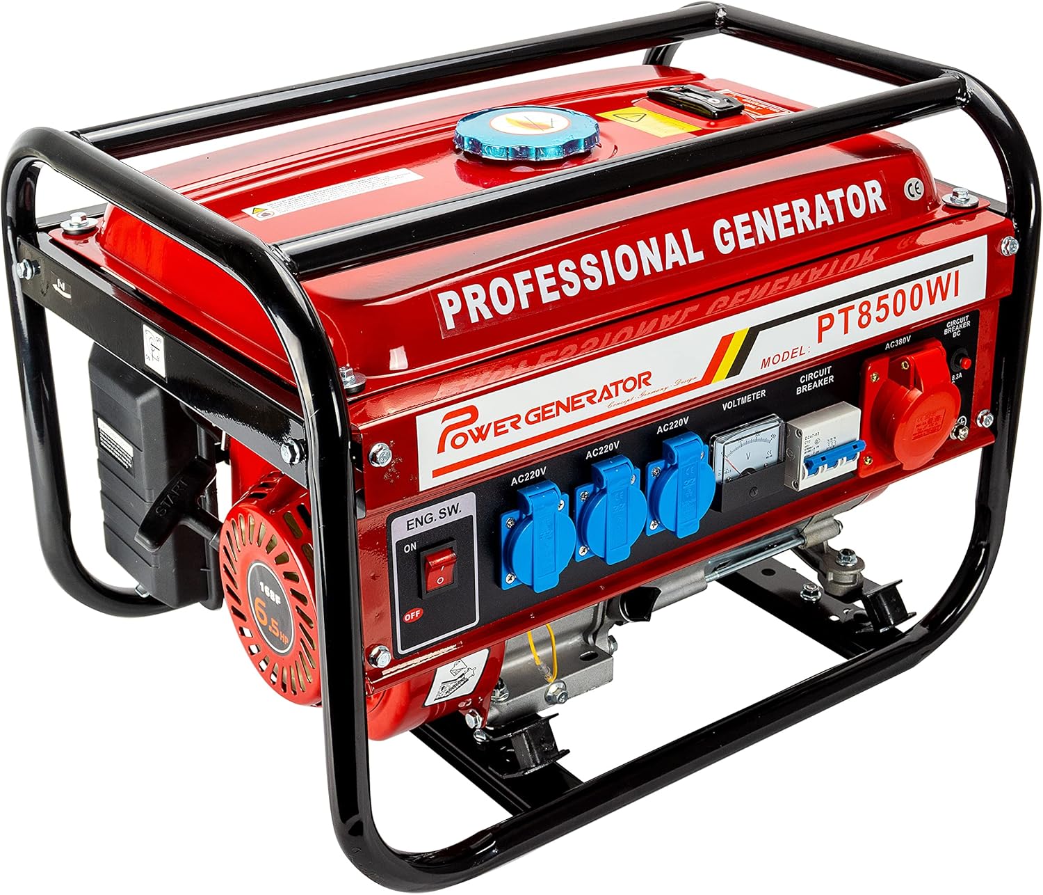 Generatore di corrente a benzina | Generatore di corrente con accessori | Gruppo elettrogeno di emergenza silenzioso | 5 prese 3 x 230 V / 1 x 400 V / 1 x 12 V | 6,5 CV (generatore di corrente