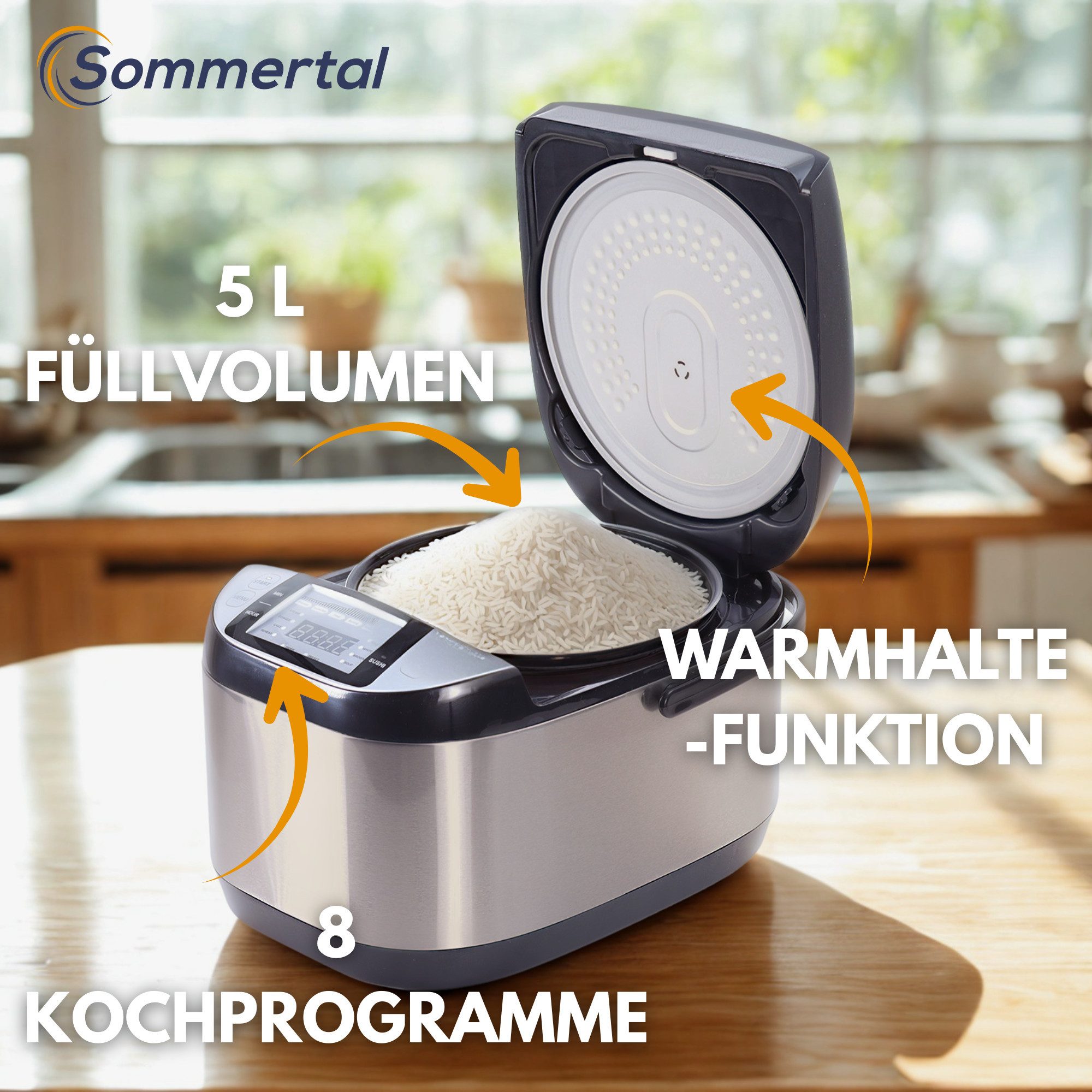 Reiskocher Sommertal Reiskocher RK50 5L mit 3D-Heating 790W 8 Kochfunktionen
