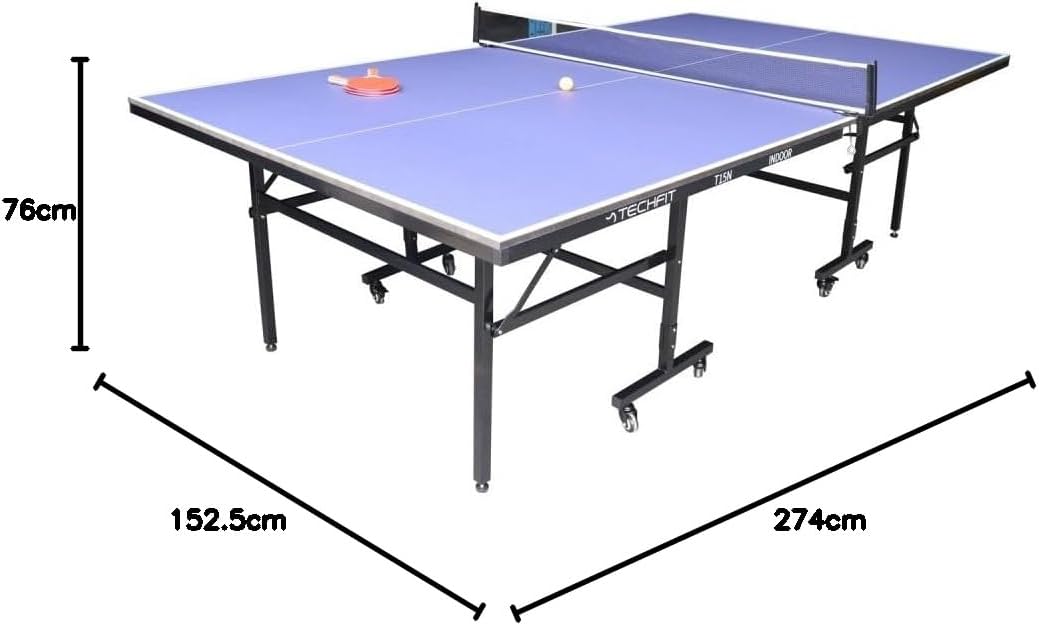 TechFit Tavolo da Ping Pong Professionale per Interni - Pieghevole da Interno con Inclinazione Unilaterale, Struttura Metallica Nera, Rete da 180 cm, Roti Silconate con Freni, 274x152,5x76 cm