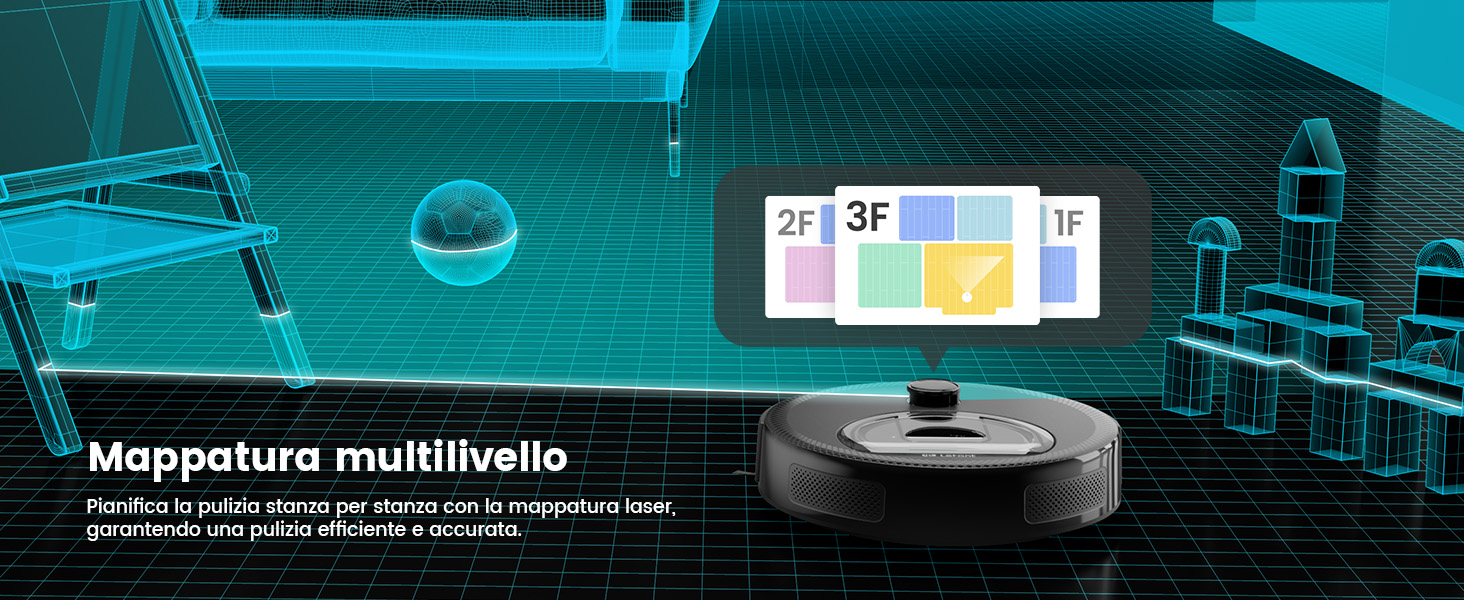 Aspirapolvere robotico rotondo su sfondo turchese con layout di casa wireframe. Il display mostra una planimetria a pi霉 livelli. Il testo menziona 芦Mappatura multilivello禄 (mappatura multilivello