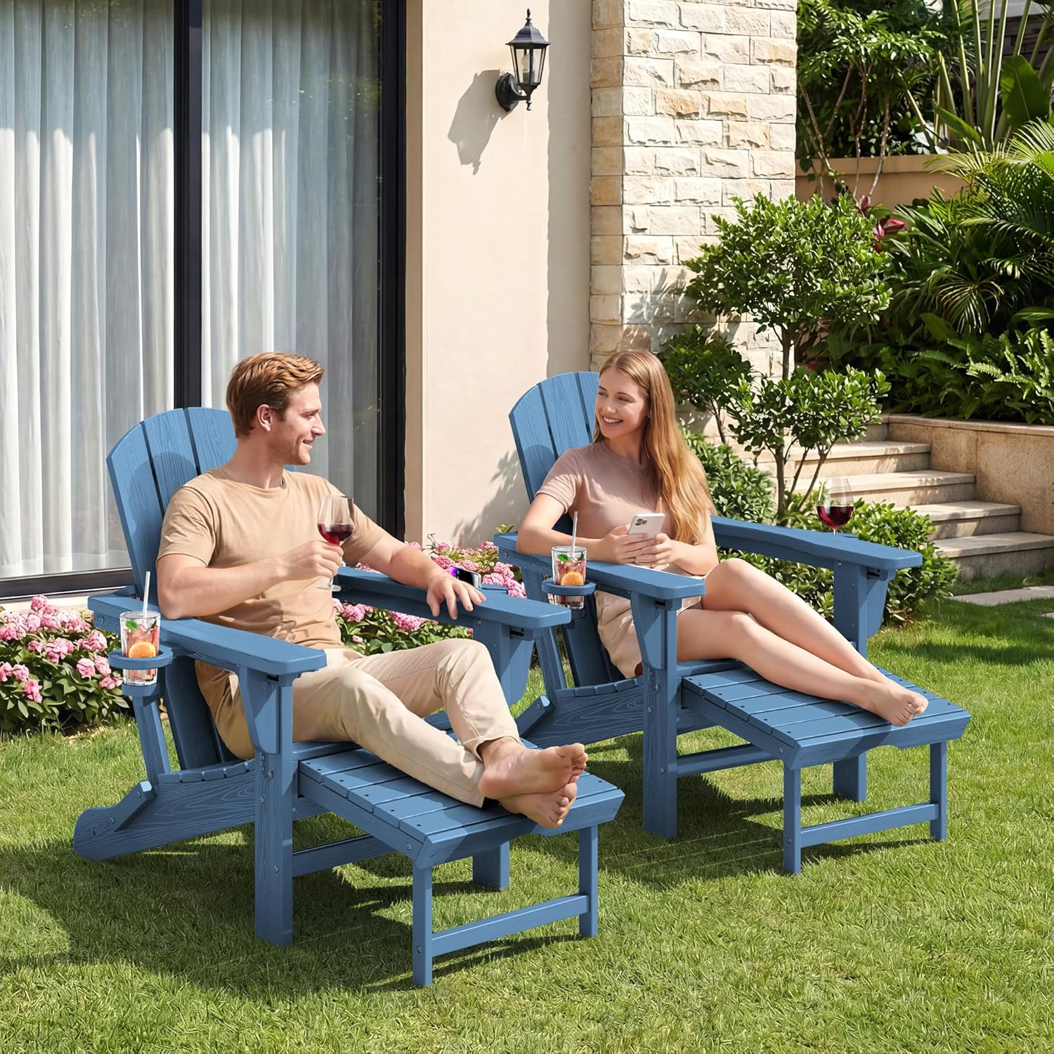 KINGYES Folding Adjustable Adirondack Chair with Retractable Ottoman  HDPE Recliner Adirondack Chair with Cup Holder  Blue