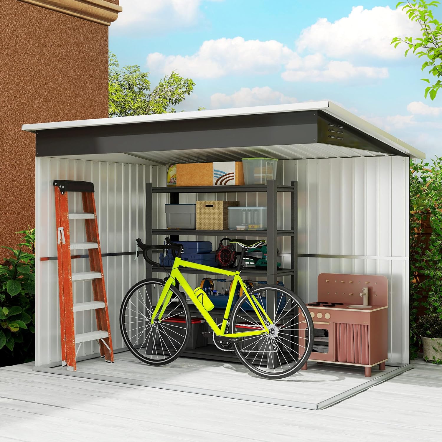 Outsunny Metall Gerätehaus 4,13 m² 260 x 177 x 190 cm Geräteschuppen mit Fenster Pultdach Abschließbarer Tür wetterfest Gartenhaus Outdoor Garten Schuppen Schrank für Hinterhof Außenbereich Dunkelgrau