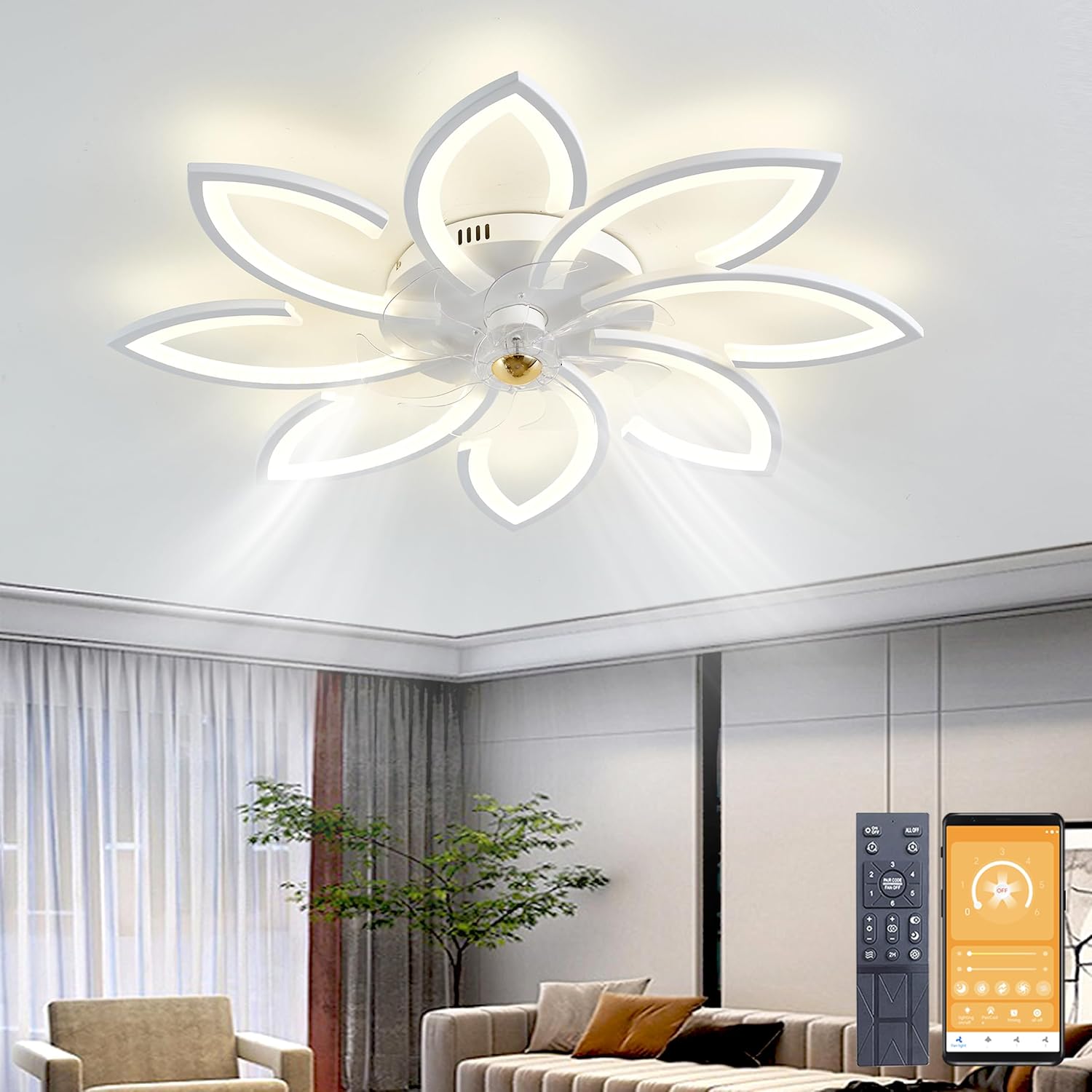 Narwhal LED Ventilatore da Soffitto, ventilatore da soffitto con luce e Telecomando, Lampadario ventilatore da soffitto con Timer, Luminosità e Temperatura Colore Regolabili (8 luci/74W, Bianco)