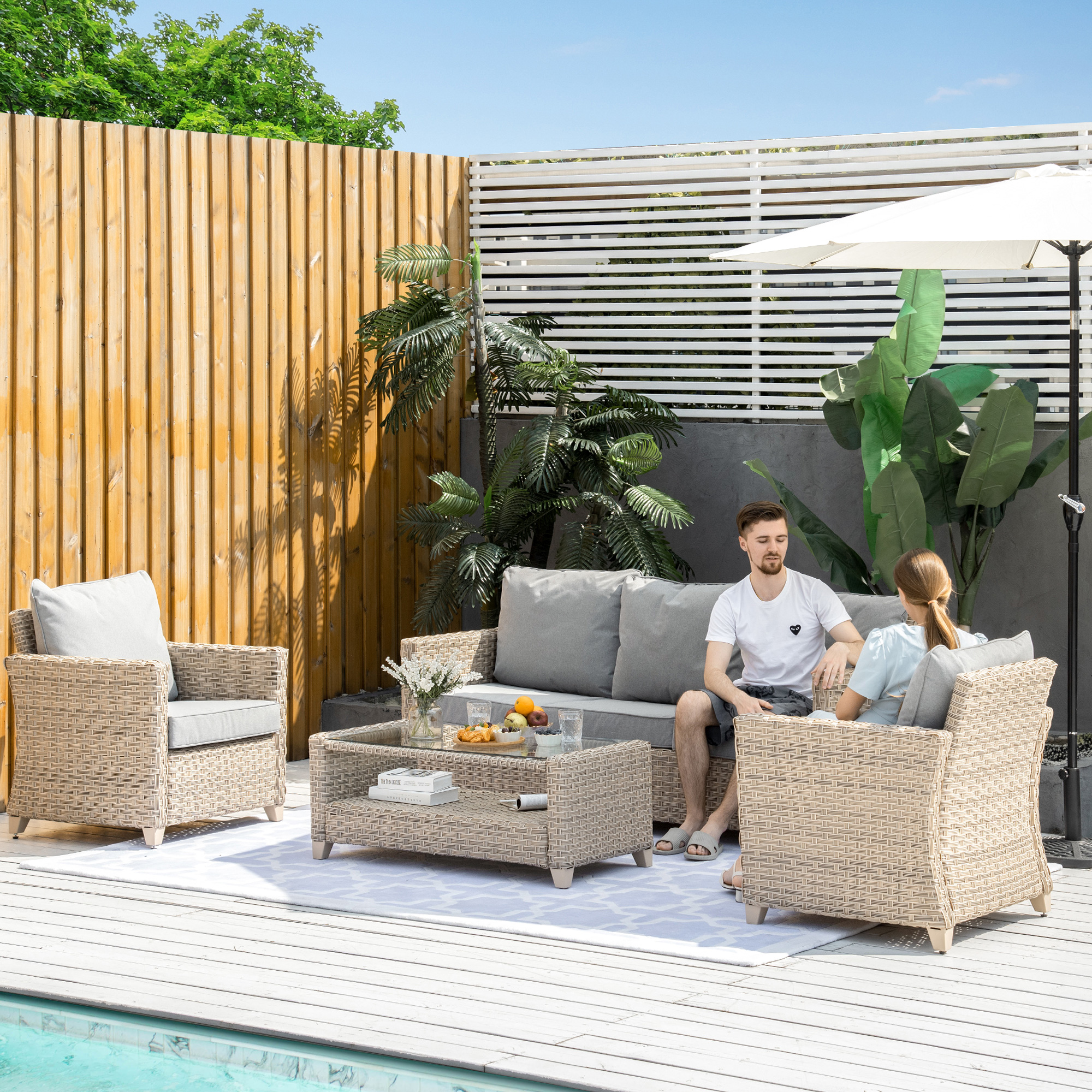 Outsunny PE-Gartenmöbelset 5tlg. für 4 Personen, Gartensitzgruppe, abnehmbare Polster, Braun + Grau