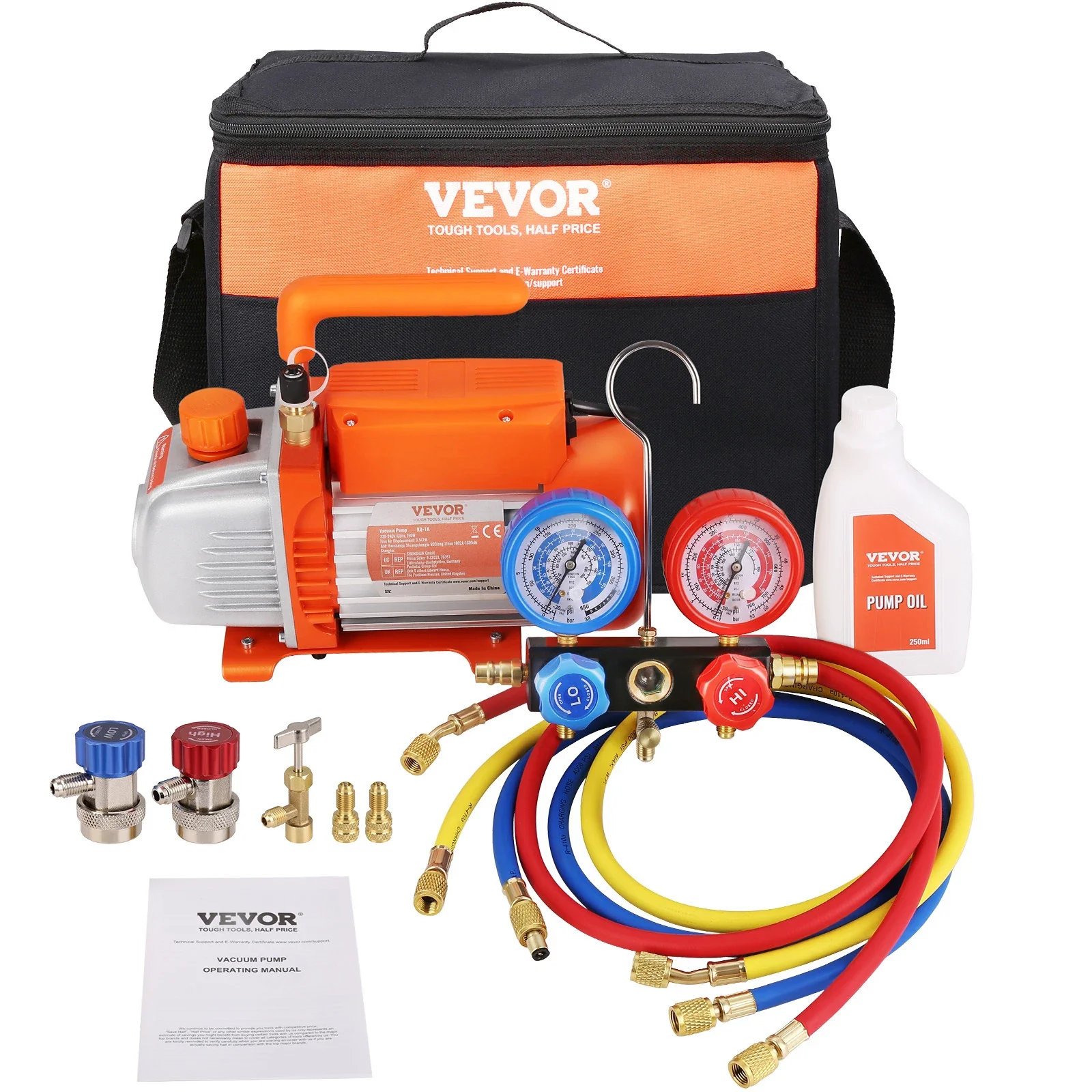 VEVOR Bomba de Vacío HVAC de 1/5 HP y Juego de Manómetros 3.5 CFM con Kit de Manifold y Manguera