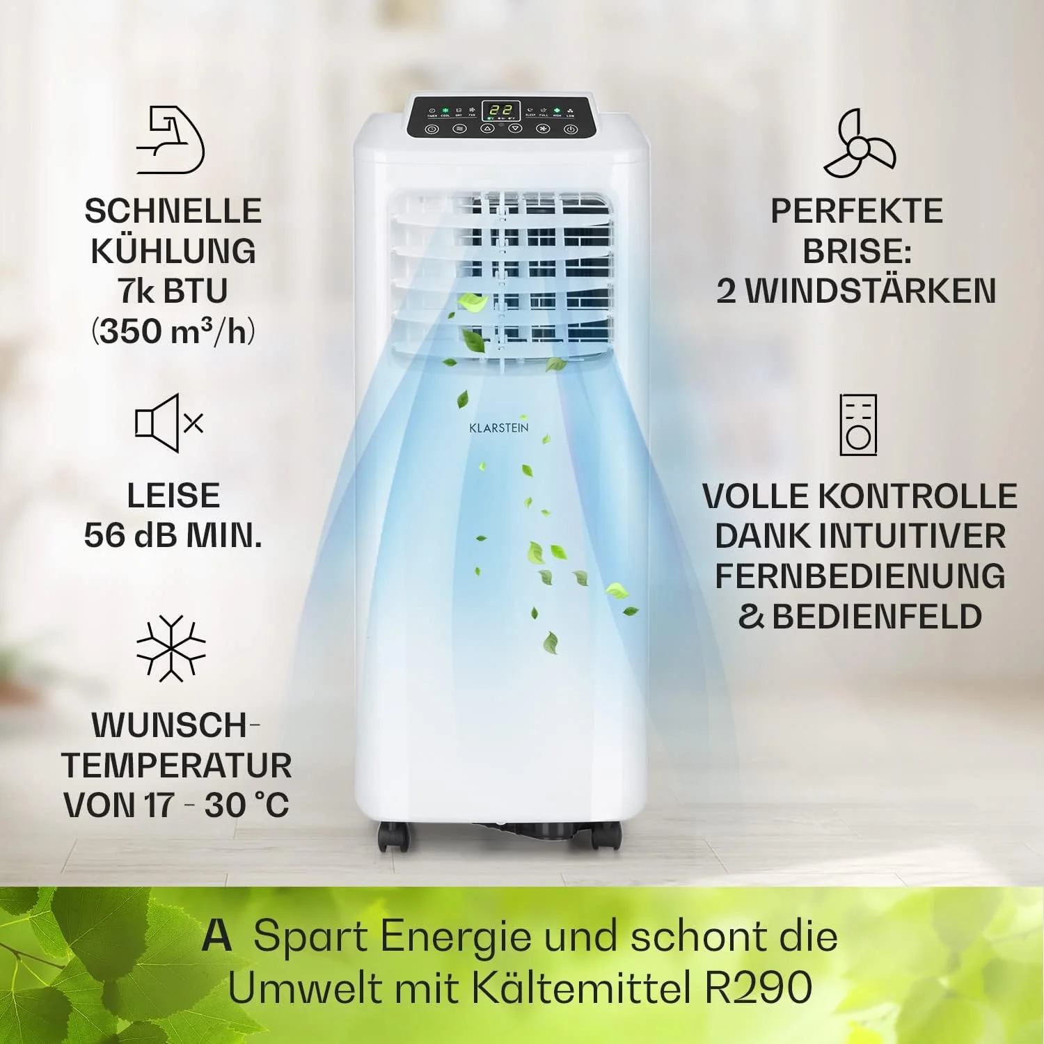 Klarstein Airconditioner, 4-in-1 Airconditioningsysteem, Luchtontvochtiger, Ventilator & Nachtmodus, Mobiele airconditioner met afvoerslang, App-bediening, Airconditioner voor ruimtes tot 44 m2, 9000 BTU, Wit