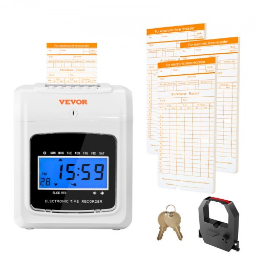 VEVOR Stempeluhr Stechuhr Zeiterfassung 102 Stempelkarten, Elektronisches Stempeluhr inkl. 2 Schlüssel + 1 Band, Weiße Elektronische Wandmontierte Stechuhr für Kleinbetriebe, Büros, Fabriken usw.