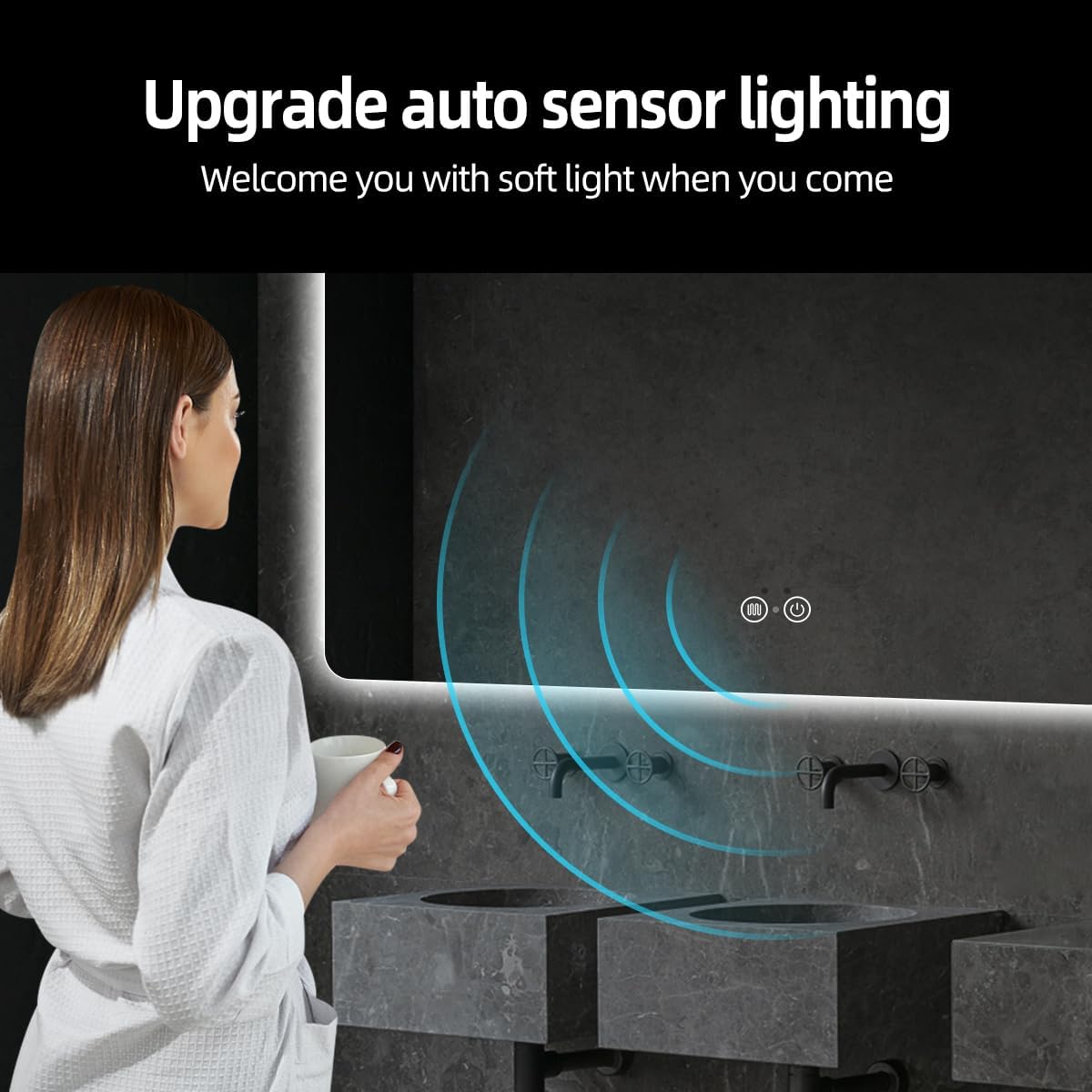 Backlit LED Bathroom Mirror, Infrared Motion Sensor Vanity Mirror with 3-Color Lights, Stepless Dimmable Wall Lighted Mirror with Anti-Fog, Memory, Rectangular (36