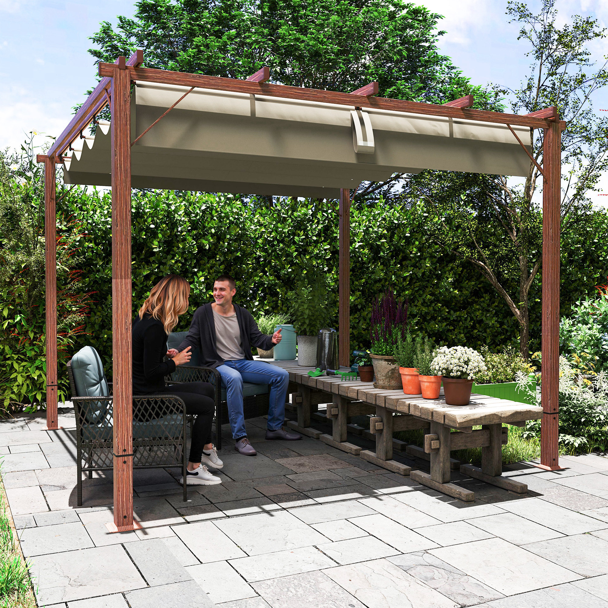 Outsunny 3 x 3 m Tuin-Pergola, Verstelbaar Terrasdak, Aluminium Frame, UPF30+ Zonbescherming, Natuurlijk Hout