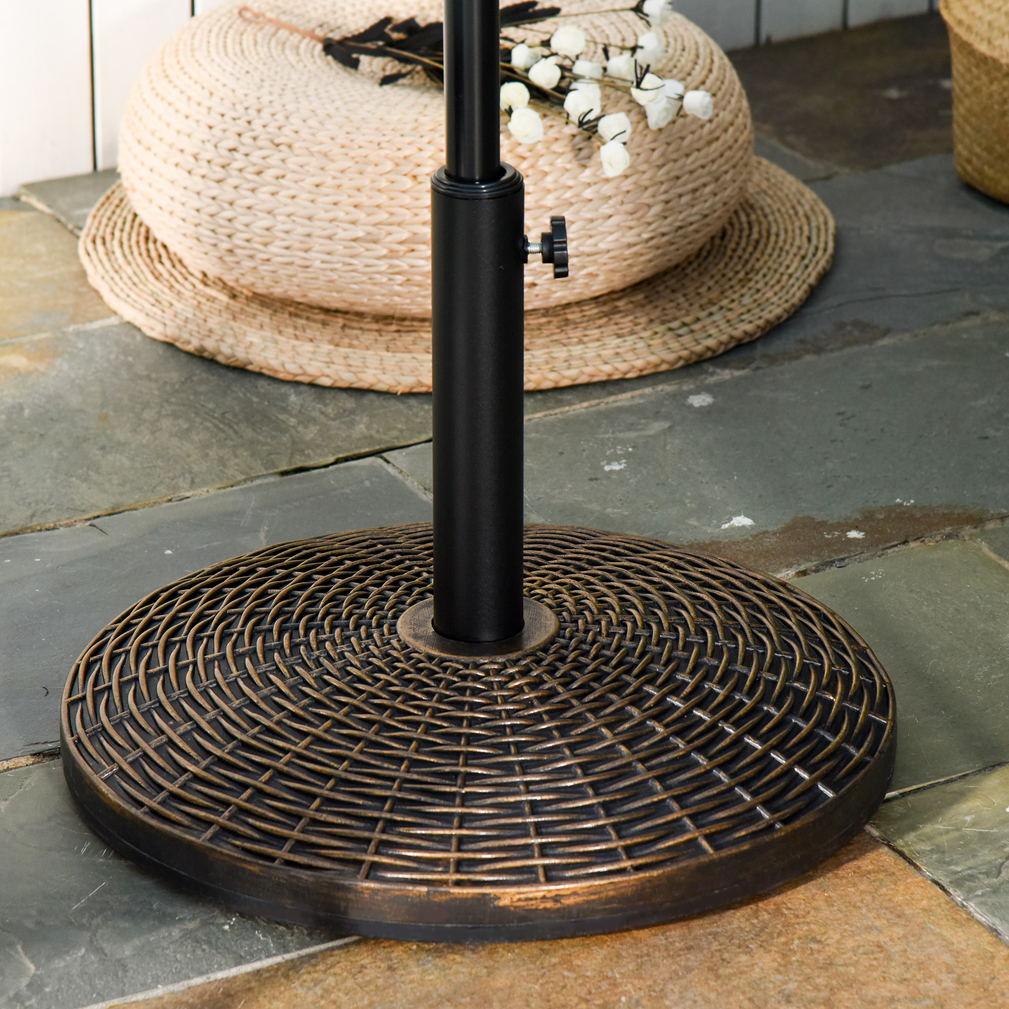 Outsunny Sonnenschirmständer Schirmständer Schirmhalter Schirmfuß 25 kg Rattanoptik Korb Ständer Schirm Ø35/Ø38/Ø48 mm Kunststoff + Zement Antik Bronze Ø53 x 40 cm