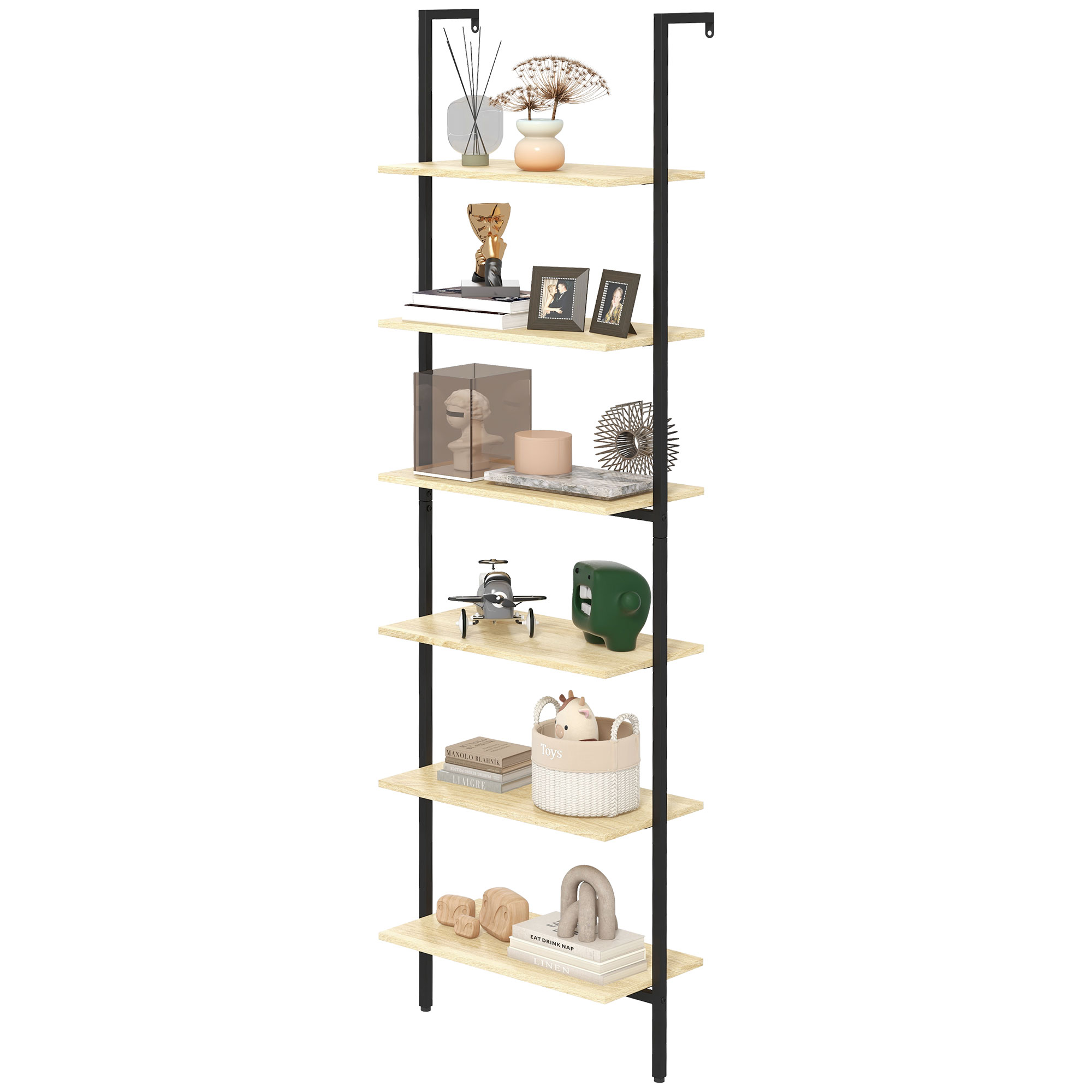 HOMCOM Wandregal Leiterregal Bücherregal Industriestil 6 Regale Schwarzer Stahl Natürliche Holzoptik Maße 60L x 30B x 206H cm
