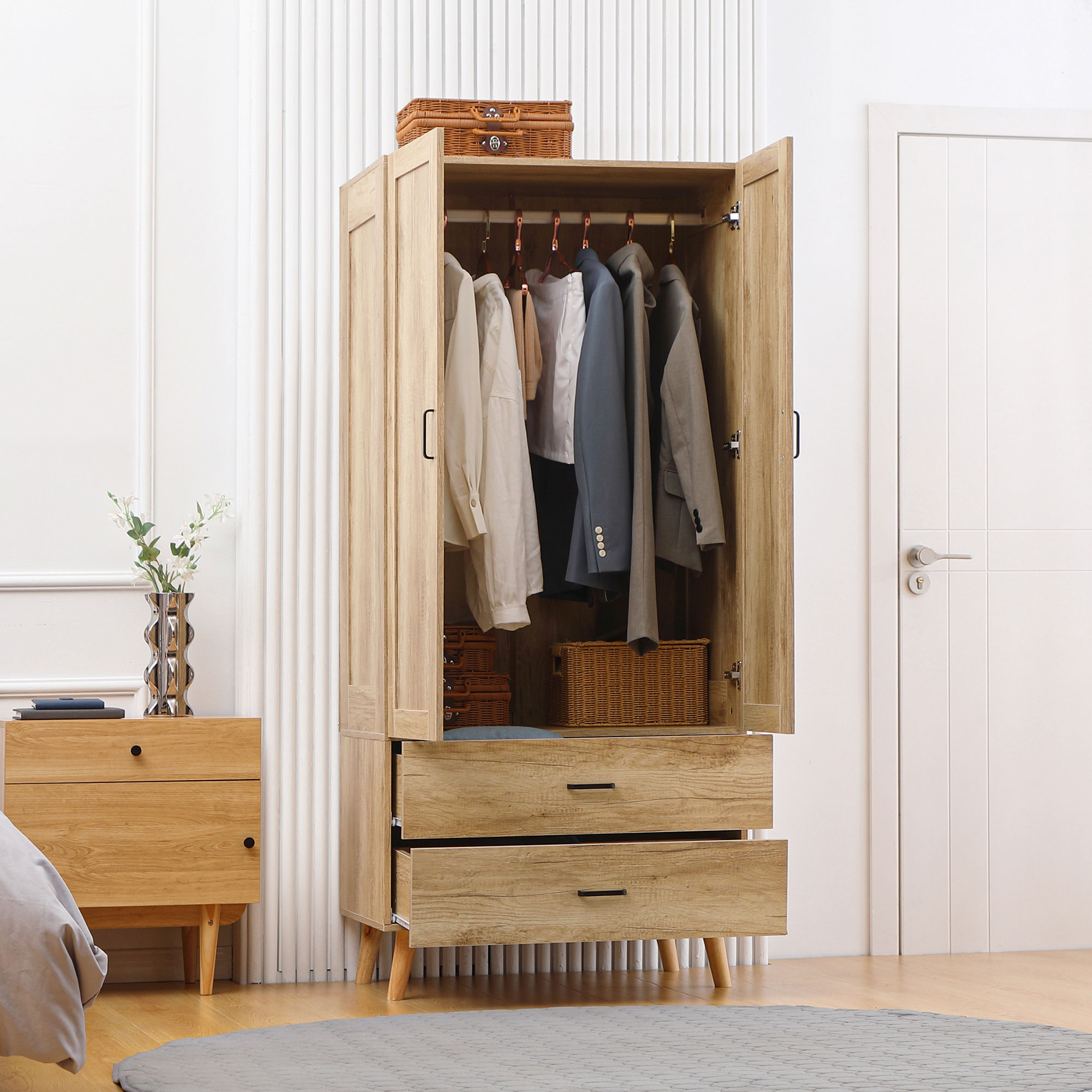 HOMCOM Kleiderschrank Kleiderschrank mit 2 Türen und 2 Schubladen mit Kleiderstange - 80 x 54 x 180 cm