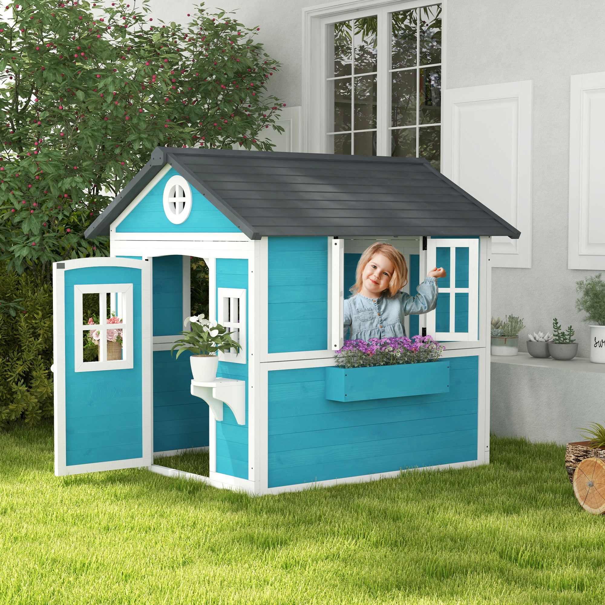 Outsunny Kinderspielhaus, Holz-Spielhaus für Kinder, Outdoor-Gartenspielhaus mit Fenstern, Blumentöpfe, 3-8 Jahre, Blau