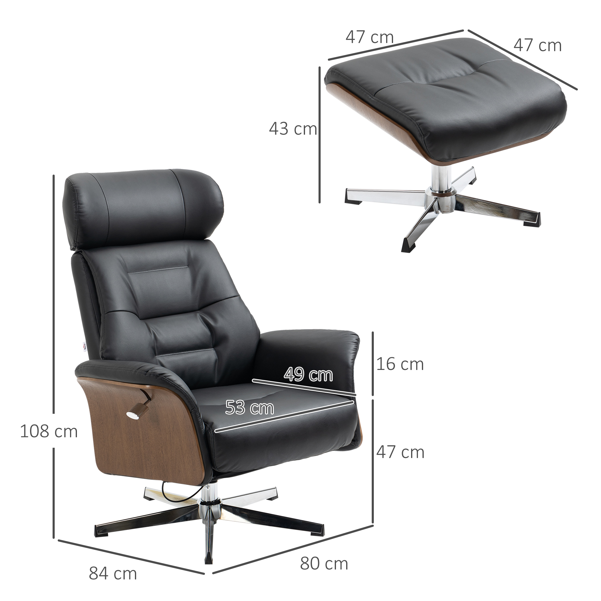 Fauteuil met voetenbank, 360° draaibaar, ligfunctie, leesstoel, zwart, 80 x 84 x 108 cm