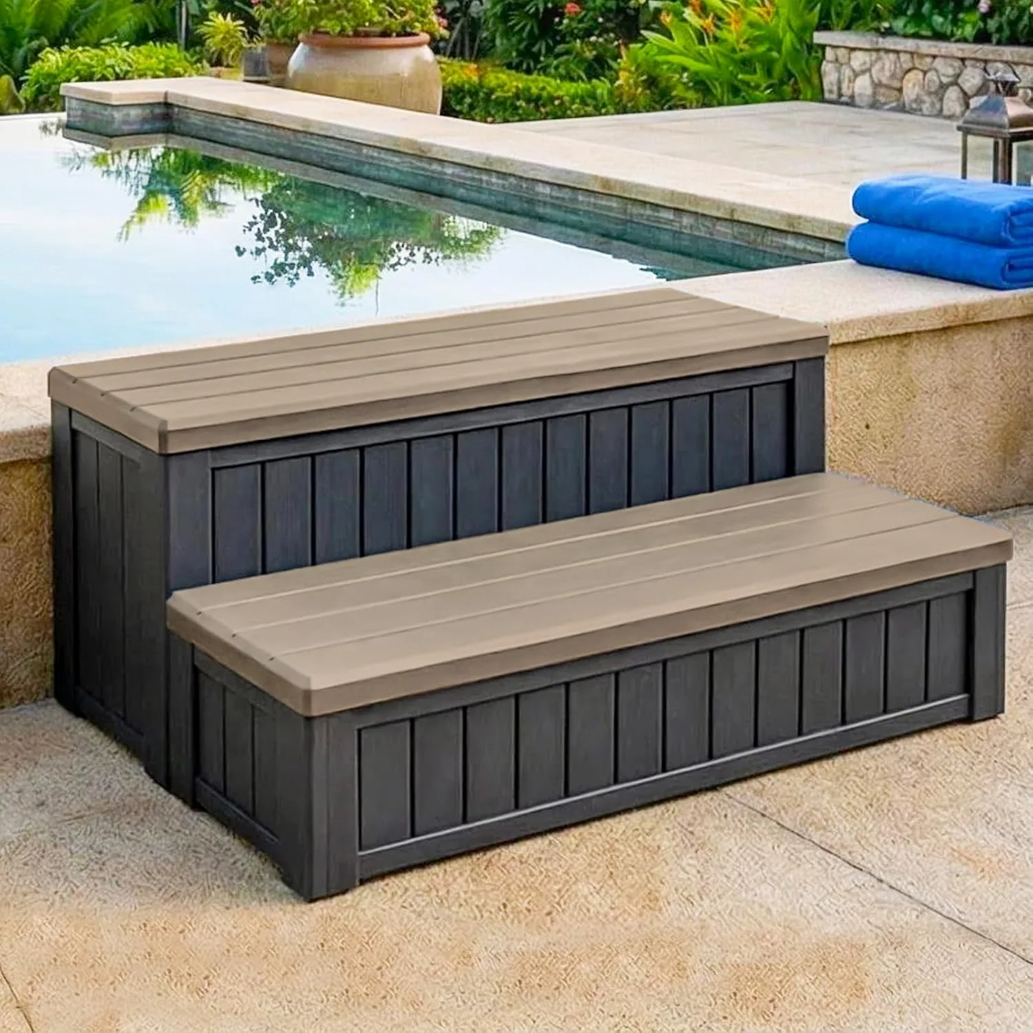 DIMAR GARDEN Leitern, Schwarz, Whirlpool-Stufen mit Stauraum, rutschfeste Whirlpool-Treppe im Freien, wasserdichte Harzstufen für Spa und Schwimmbad