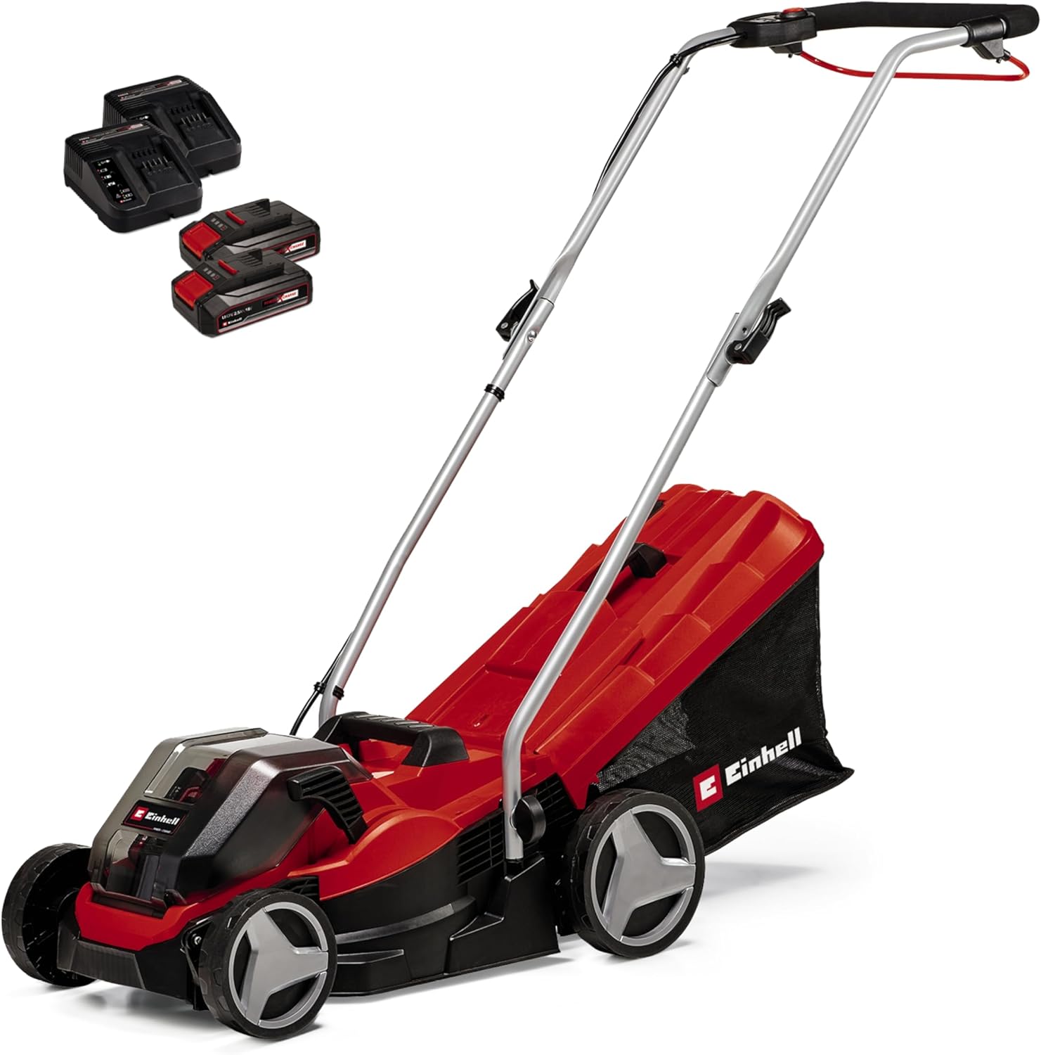 Einhell Akku-Rasenmäher GE-cm 36/33 Li Kit Power X-Change (36 V, 33cm Schnittbreite, bis 250 m2, 30L Fangkorb, 25-65 mm Schnitthöhe, inkl. 2X 2,5 Ah Akkus + 2X Ladegeräte)