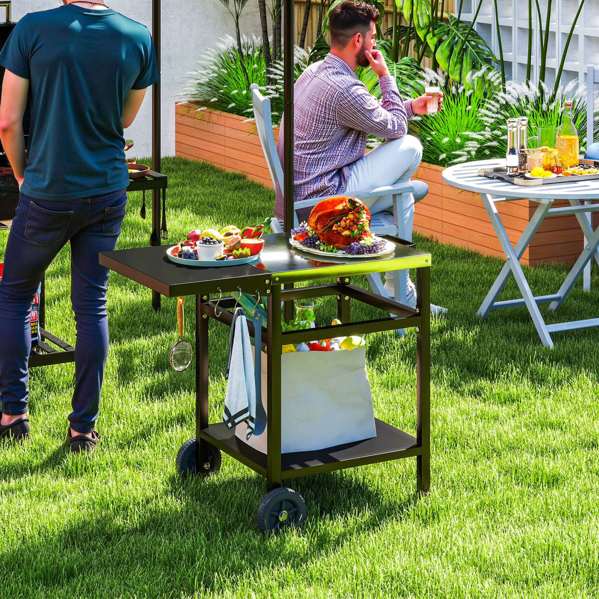 Outsunny Grillwagen mit Edelstahl-Arbeitsplatte und klappbarem Tisch, Rädern und Haken, 91x58x76 cm, Schwarz