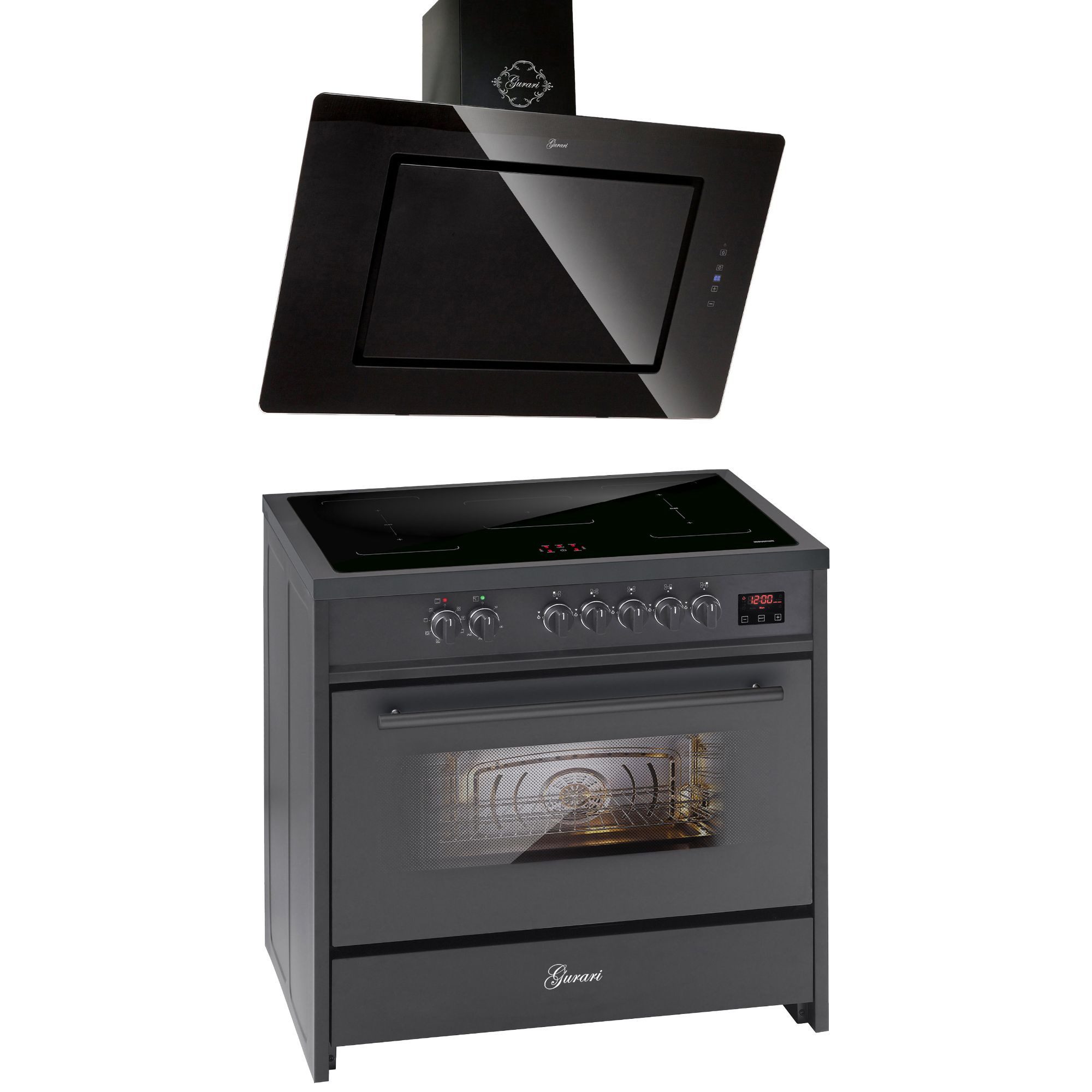 Induktions-Standherd Range Cooker 90 cm, Schwarz, 5 Kochzonen, 121L+Dunstabzugshaube 90 cm E 913 BL+GCH S 155 BL 90 Prime.