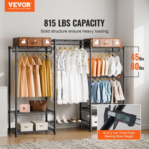 VEVOR Mobiler Kleiderständer Garderobenständer 362 kg Belastbar, Freistehender Kleiderständer 174x180x45 cm 3 Kleiderstangen, Multifunktional 8-lagig, für Schlafzimmer, Wäscheraum, Ankleidezimmer