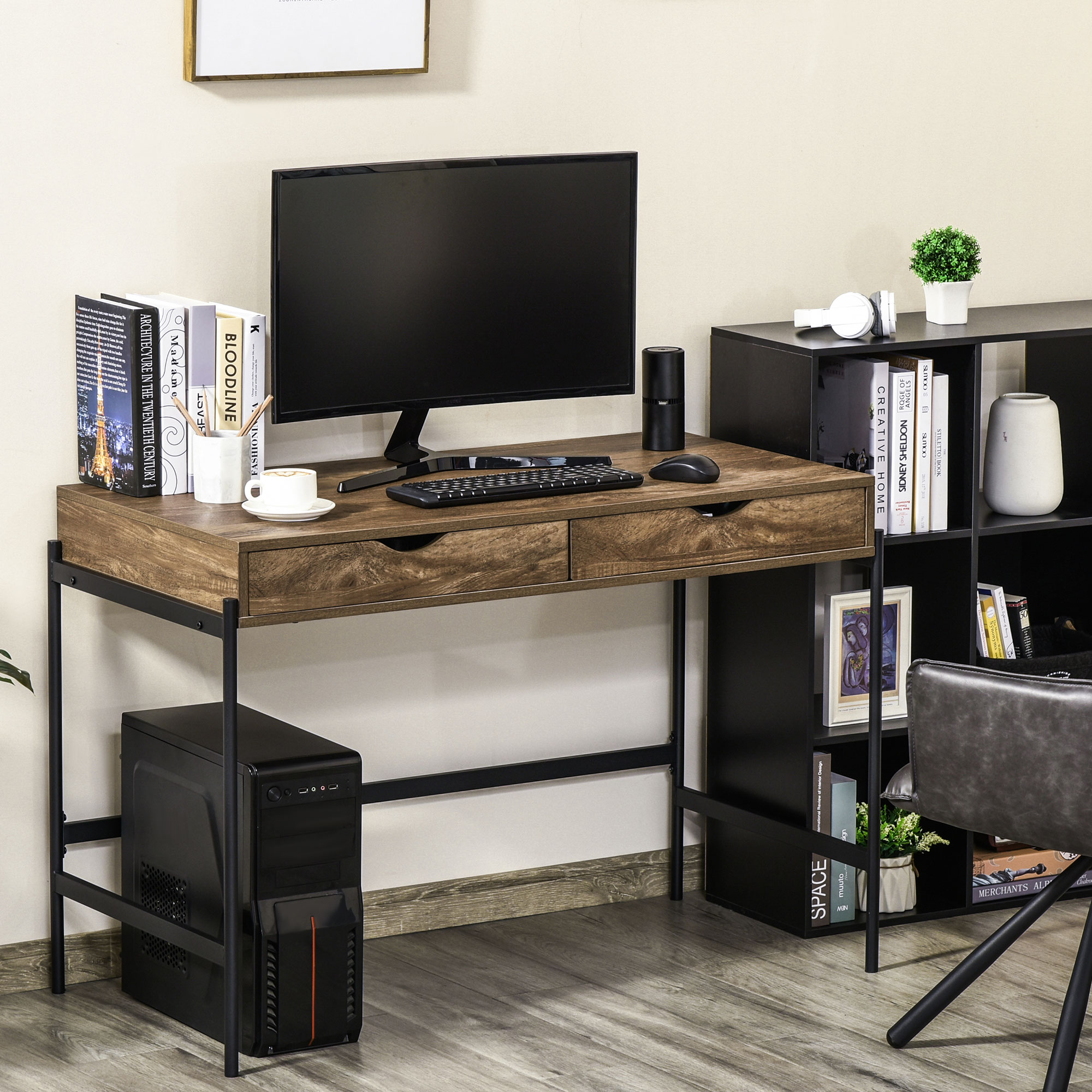 HOMCOM Schreibtisch im Industriedesign mit 2 Schubladen, 110 cm x 55 cm x 75 cm, Schwarz + Braun