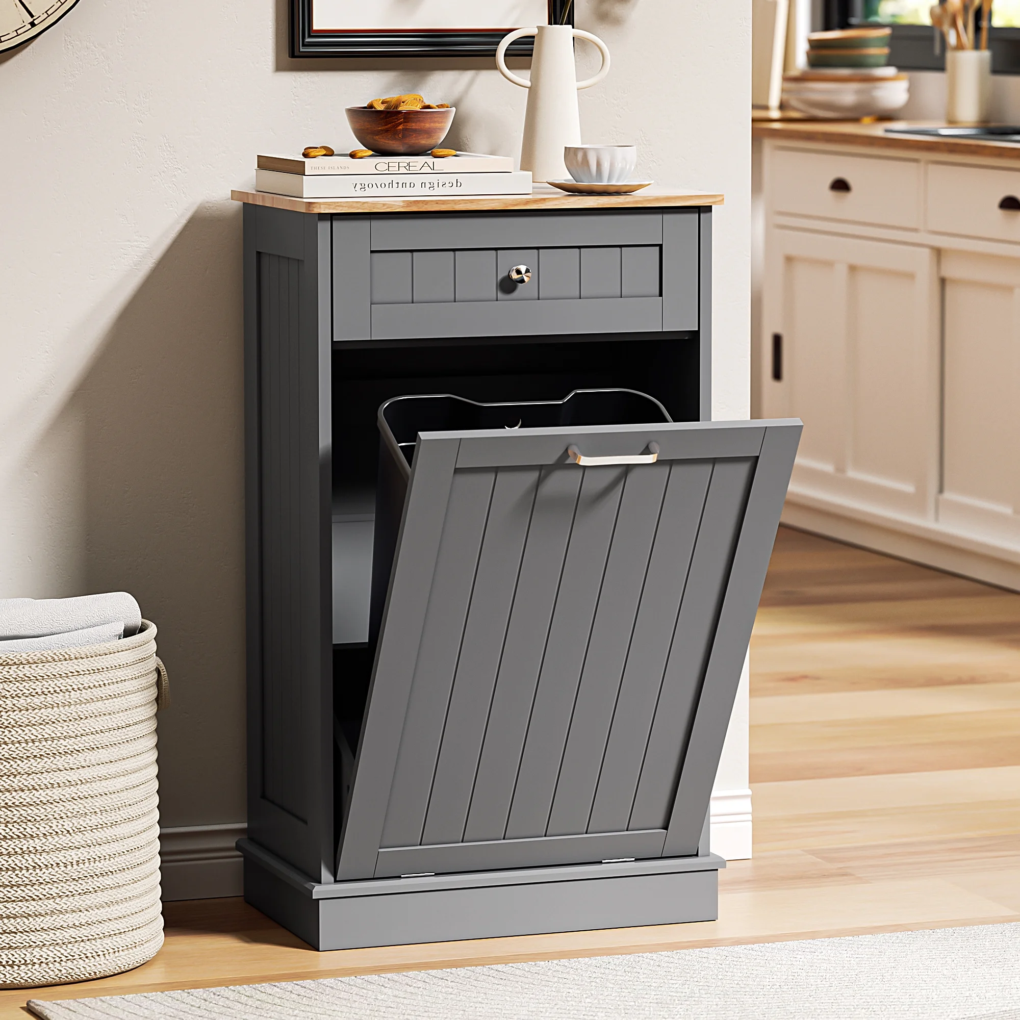 HARIPUL Single Tilt Out Trash Cabinet for 13 Gallon Waste Bin, Free Standing Kitchen Trash Can Cabinet with Drawers, White