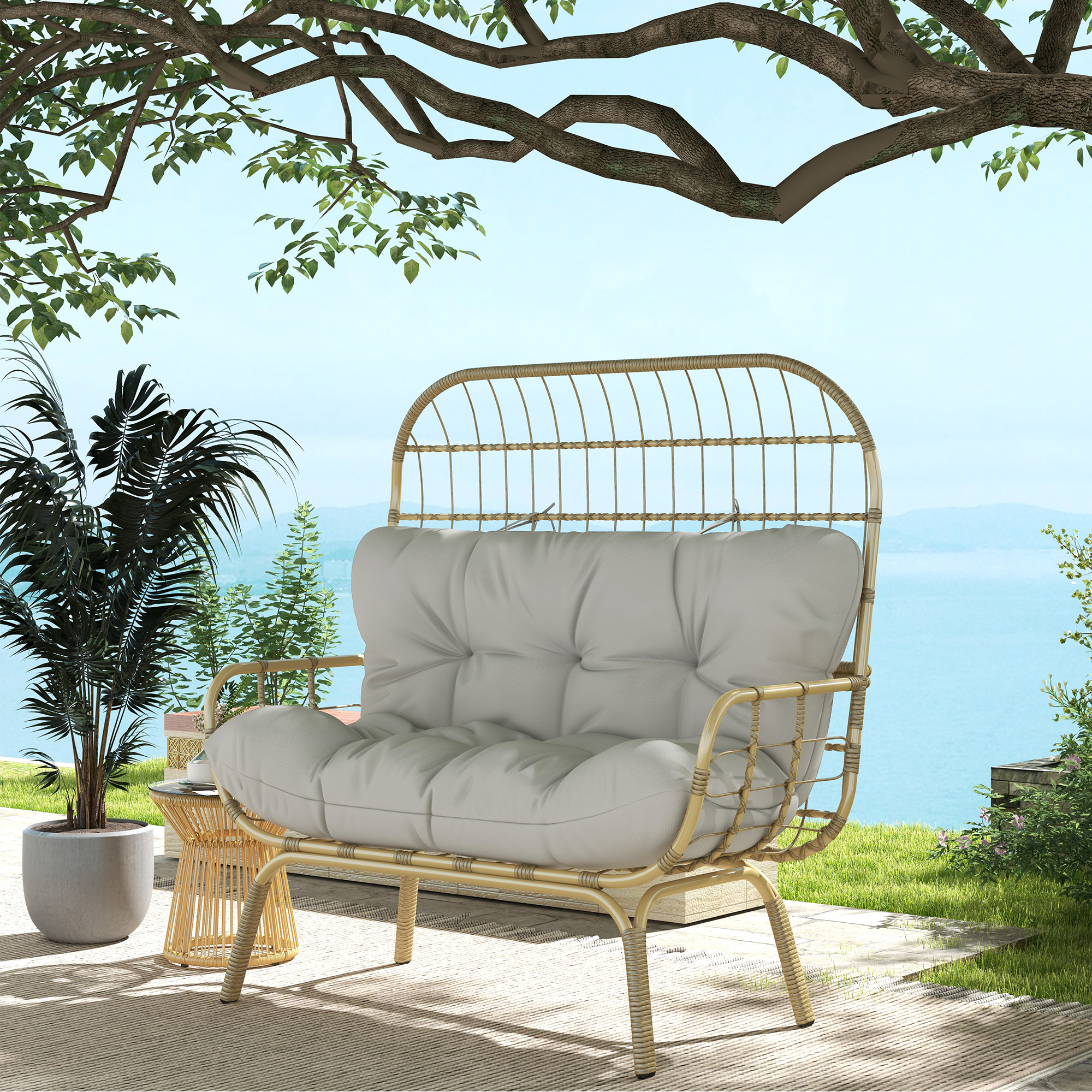 Outsunny Rattansessel Outdoorsessel, wetterbeständig, 126 cm x 72 cm x 126 cm, Natur + Grau