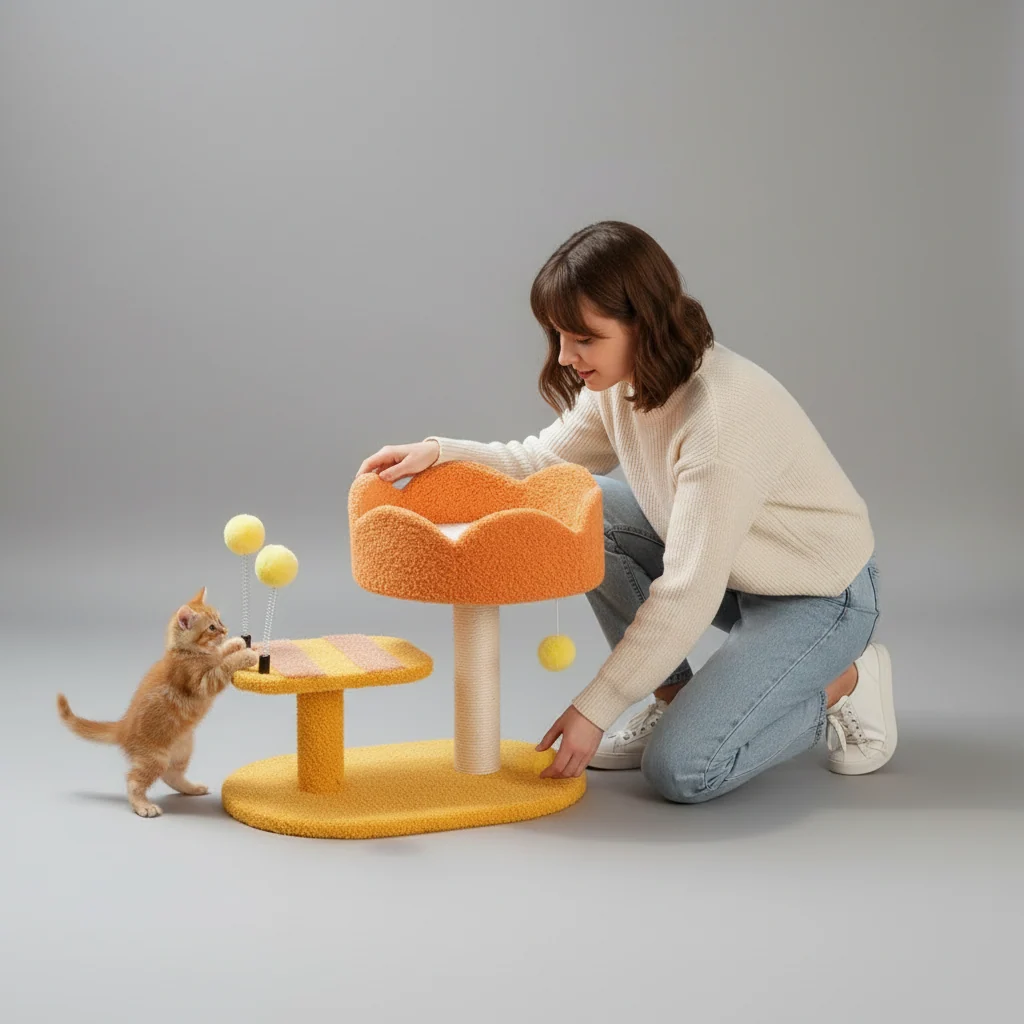 Cat Perch Station �C Flower Bowl Perch, Sisal Scratching Post & Spring Ball Toy