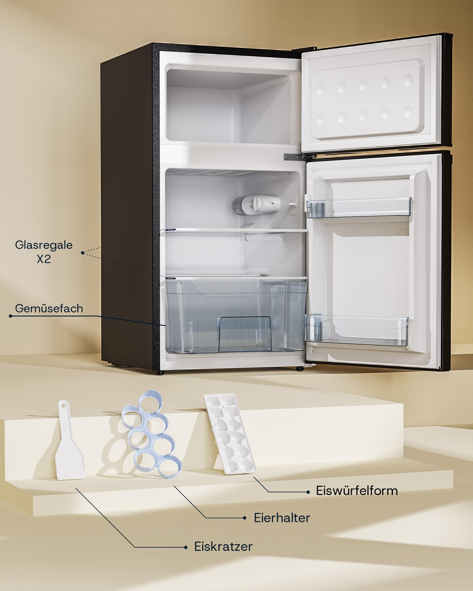 84L Kühl-Gefrierkombination, 59L Kühlfach und 25L 4-Sterne-Gefrierfach, freistehend, 220V, schwarz