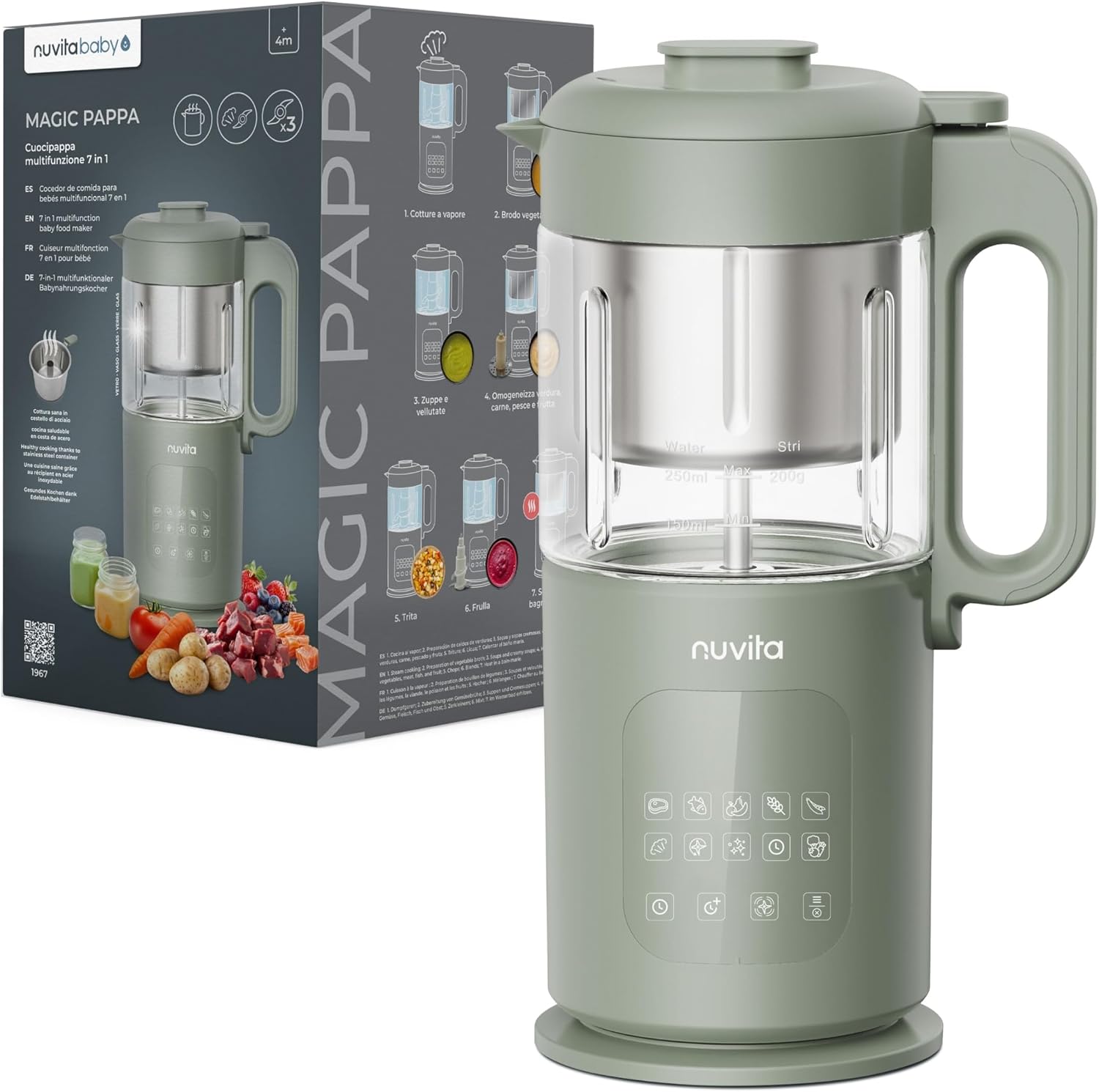 Nuvita Magic Pappa Cuocipappa Multifunzione 7-in-1 – Cuoce a Vapore, Frulla, Sminuzza, Prepara Purè, Vellutate, Frullati e Omogeneizzati per Bambini con funzione di Autopulizia, Nuvita Chef App