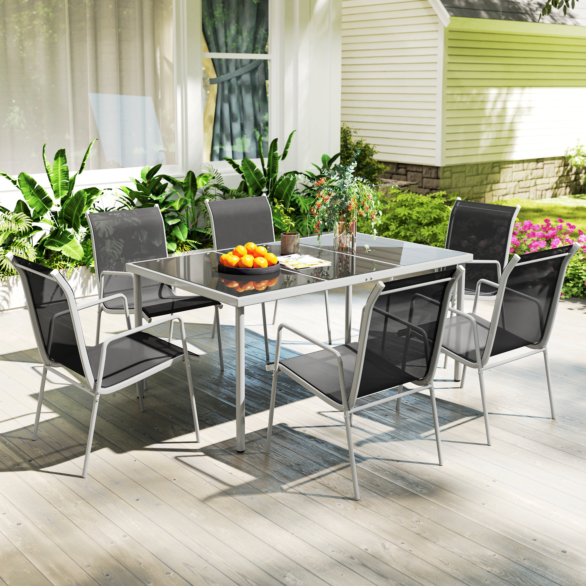 7-delige tuinmeubelset met eettafel en 6 stapelbare stoelen, Glastafel, Zwart