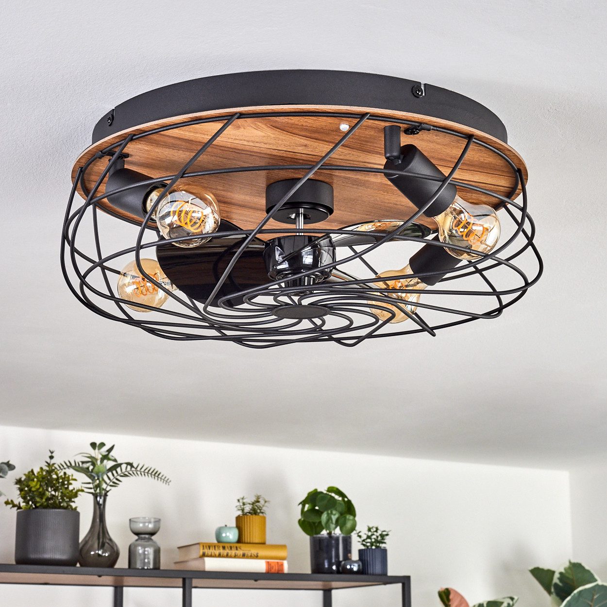 Deckenventilator Ventilator aus Metall/MDF in Schwarz/Holzoptik in Gitter-Optik