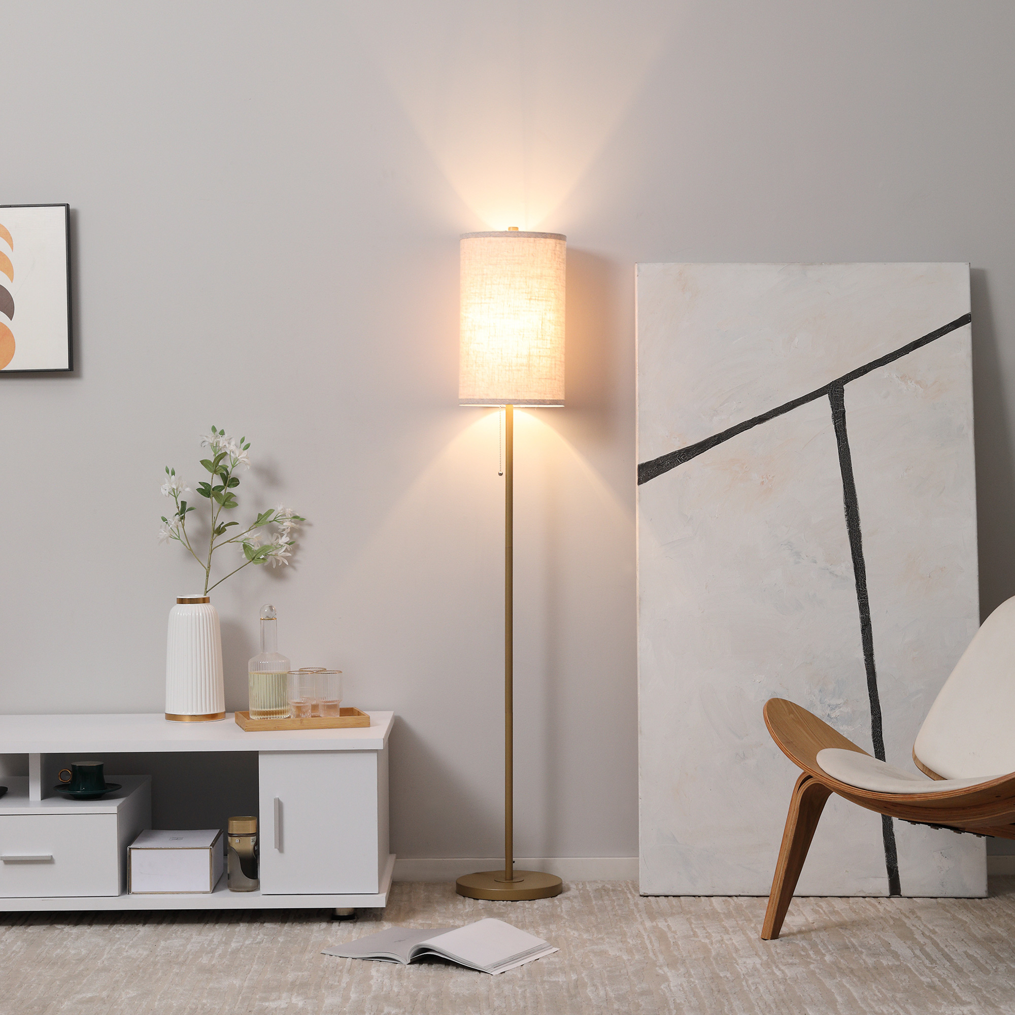 HOMCOM Stehlampe, Elegante Stehleuchte aus Stahl mit Stoffschirm, Wohnzimmerlampe, Zugkettenschalter, Gold+Weiß