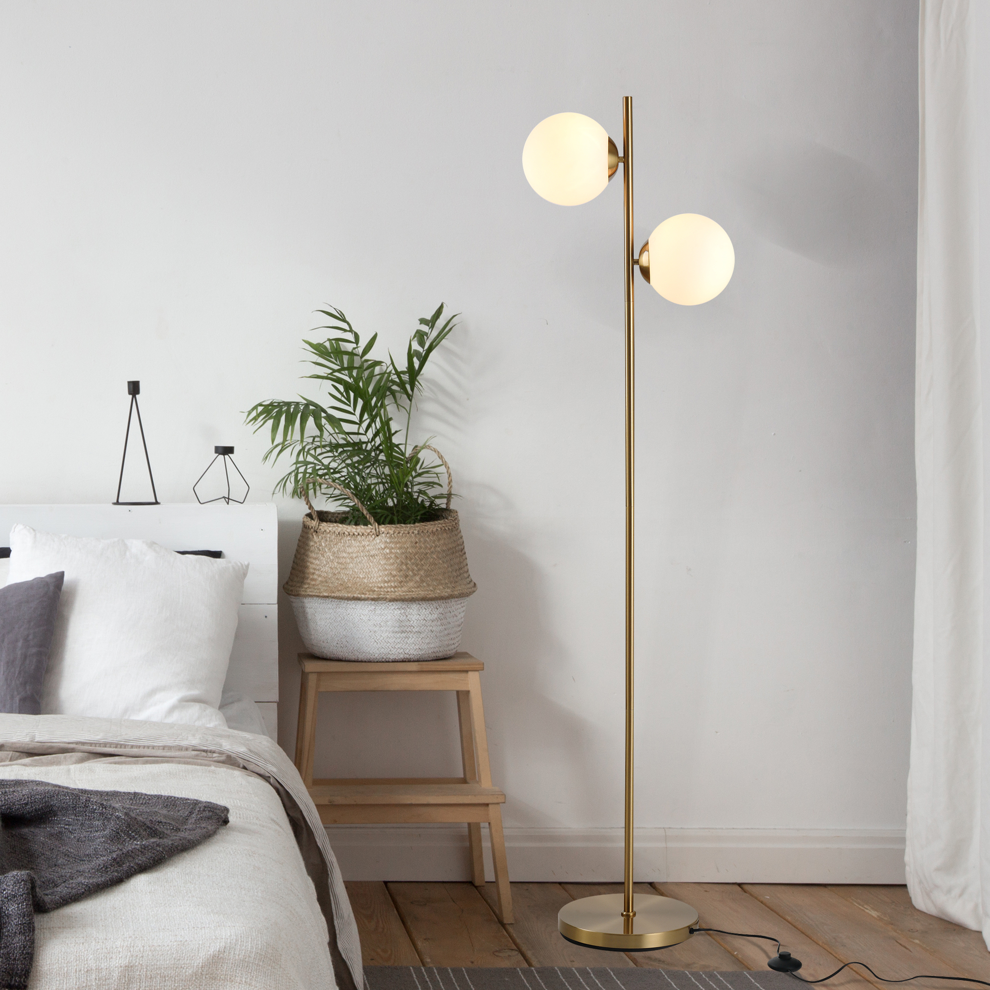 HOMCOM Stehlampe Stehleuchte Standleuchte 2-teiliger Glas-Lampenschirm, Stahl+Glas, 39 x 28 x 165cm (Golden+Weiß)