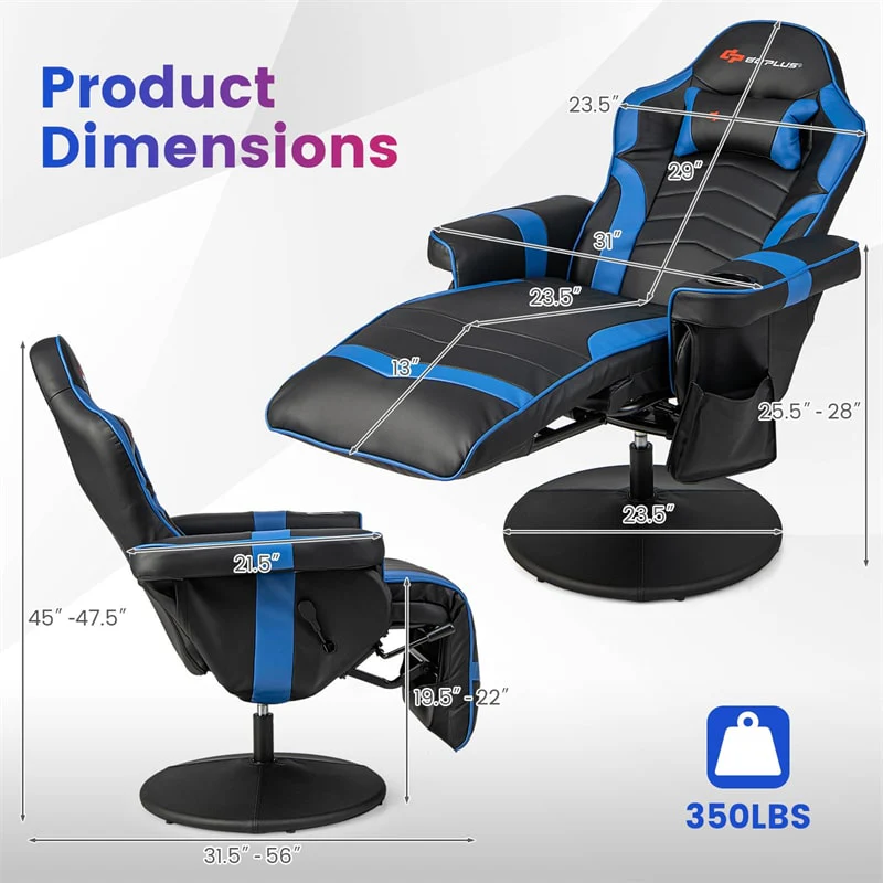 Ergonomic Gaming Recliner Chair with Massage, Retractable Footrest & Cup Holder, Height Adjustable Racing Style Swivel Video Game Chair