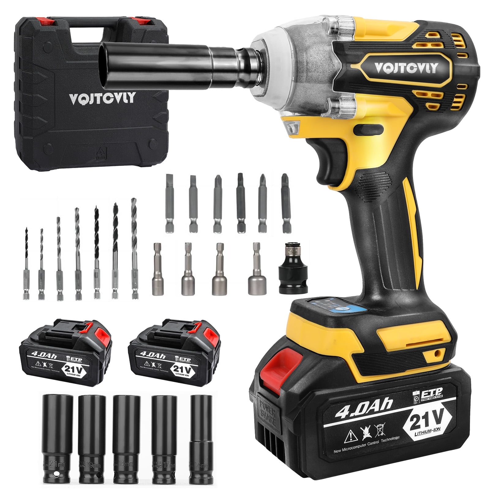 VQJTCVLY 21V Brushless Cordless Impact Wrench 1/2&prime;&prime; with 2x 4.0Ah Batteries, 5 Sockets, 7 Drill Bits, Yellow