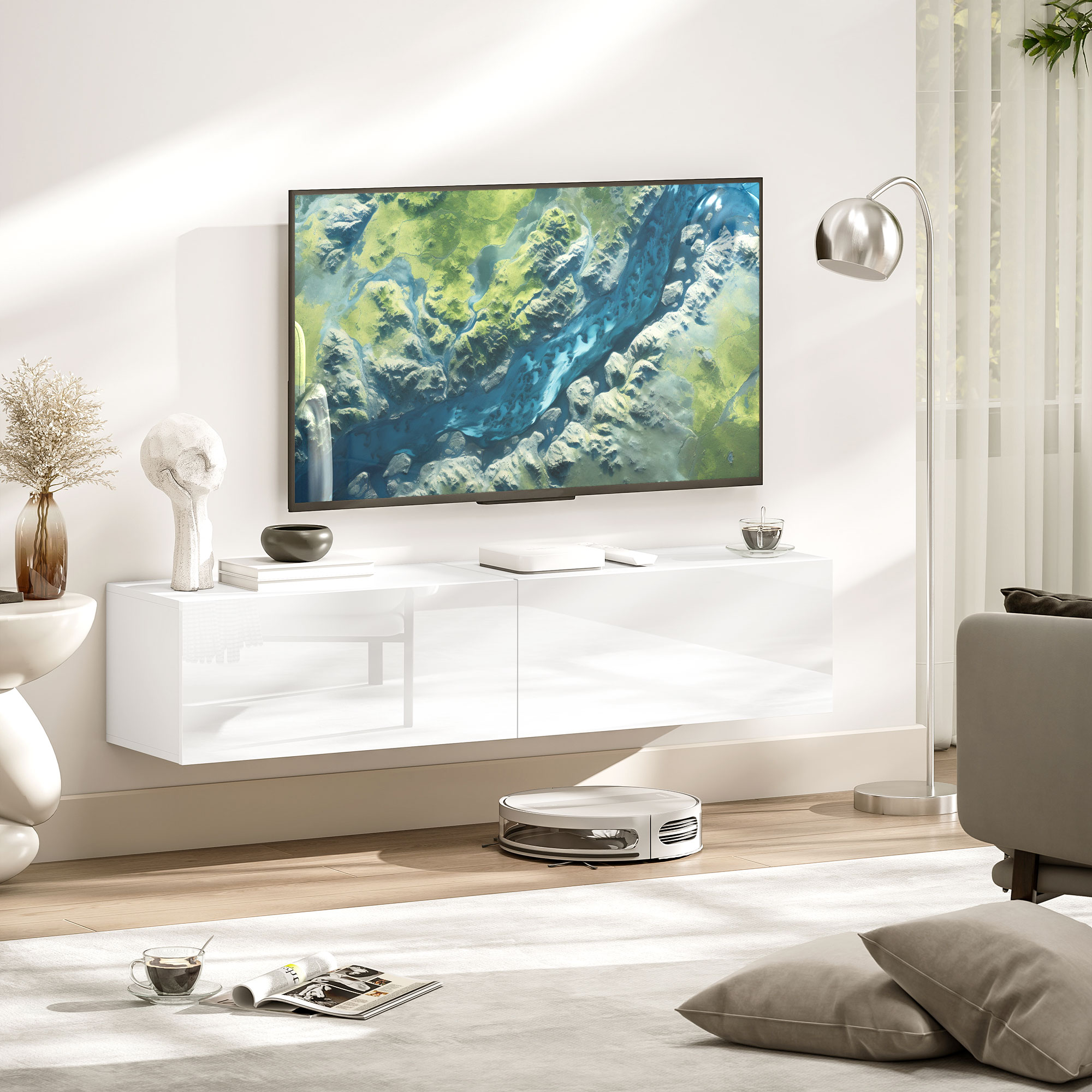 HOMCOM Wandmontierter TV-Schrank, schwebende TV-Kommode mit viel Ablagefläche und Stauraum, Spanplatte, Weiß