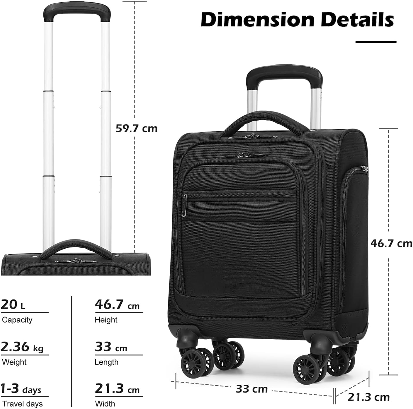 Underseat Carry On Luggage Softside Lightweight Rolling Travel Bag Spinner Suitcase