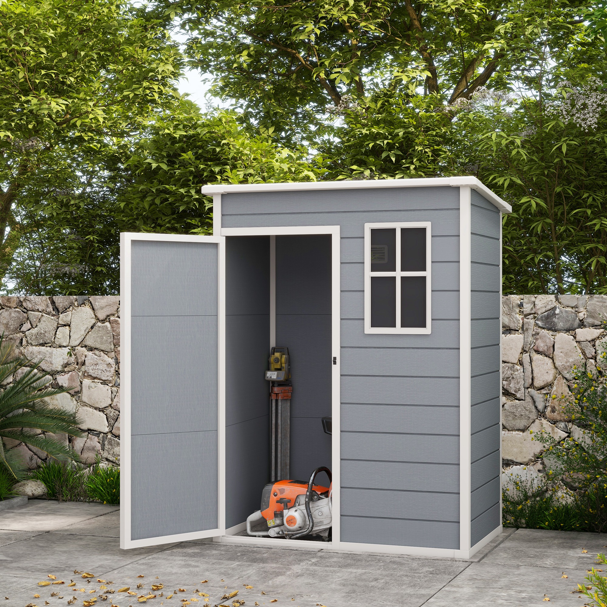 Outsunny Gartenschuppen 1,14 m² für Werkzeuge - abschließbare Tür, Belüftung und Fenster - Abmessungen 151L x 92B x 193H cm - Kunststoff, Grau