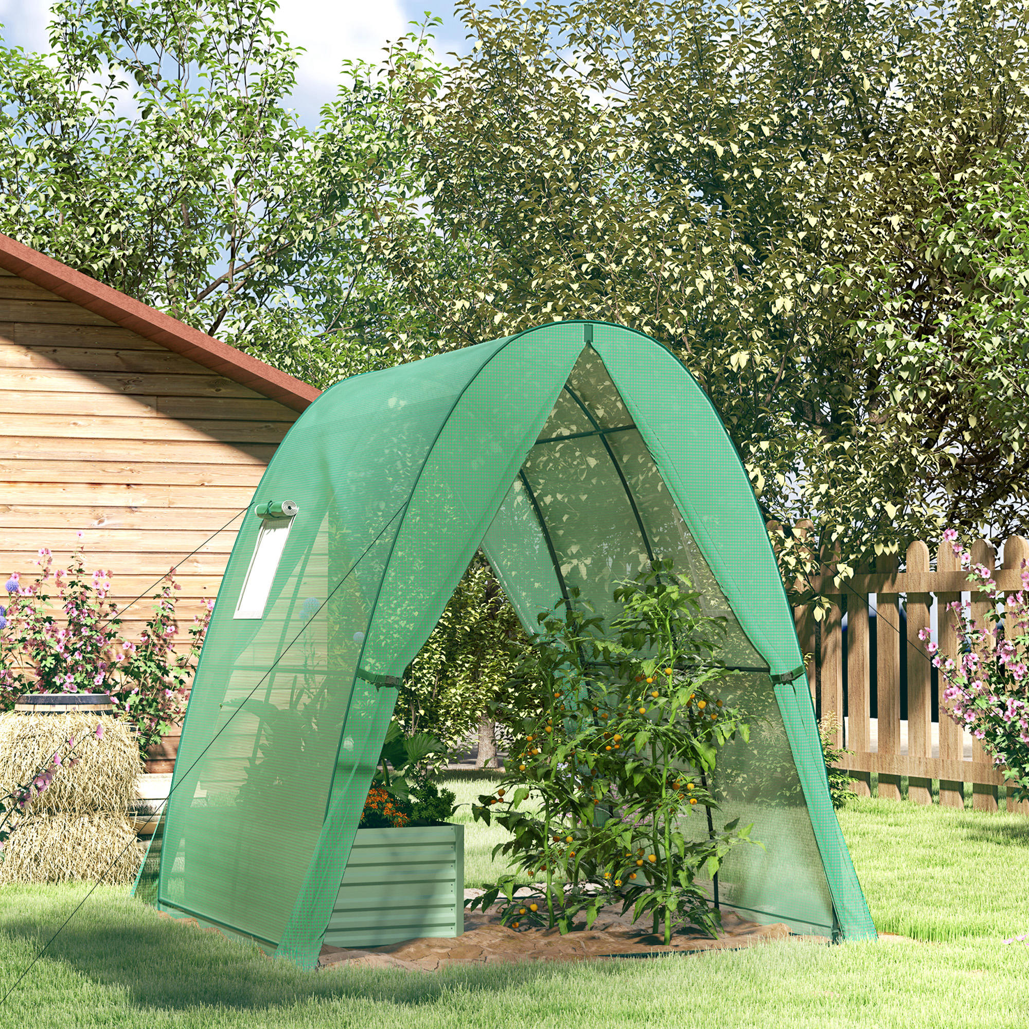 Outsunny Bogen-Gewächshaus mit Sandsäcken und Kunststoff-Abdeckung, 2 Rolltüren, Netzfenster, tragbar, 1,8 x 1,8 x 2 m, Grün
